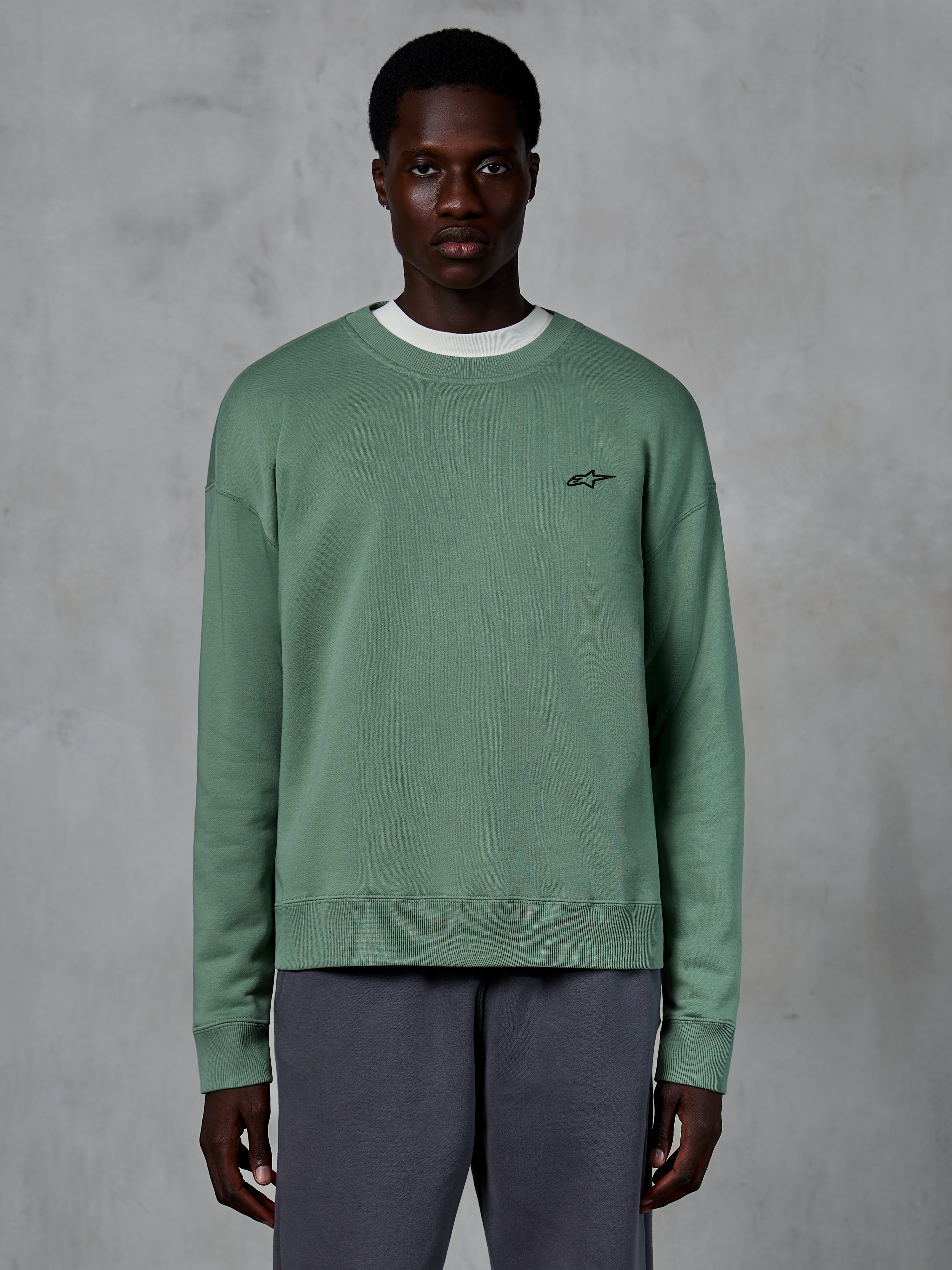 Alpinestars Essentials Ageless Crew, afslappet crewneck sweatshirt, Cactus-grøn med lille sort stjerne-logo på brystet, ribstrikket krave, manchetter og kant, premium kompakt fleece sportstøj