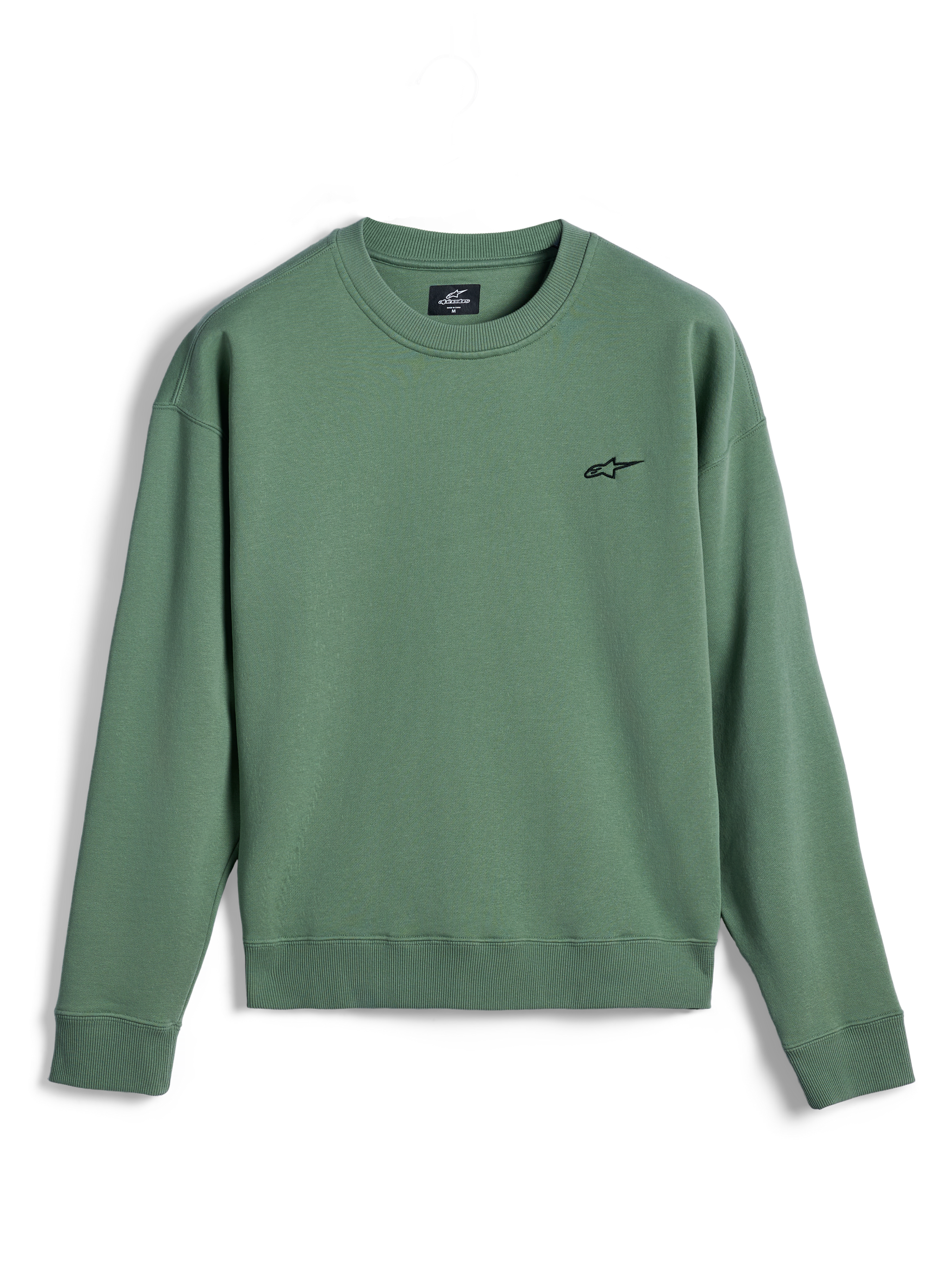 Alpinestars Essentials Ageless Crew, crewneck sweatshirt, kaktusgrøn, lille sort Astar-logo på brystet, ribstrikket krave, manchetter og kant, premium fleece, afslappet off-bike sportswear