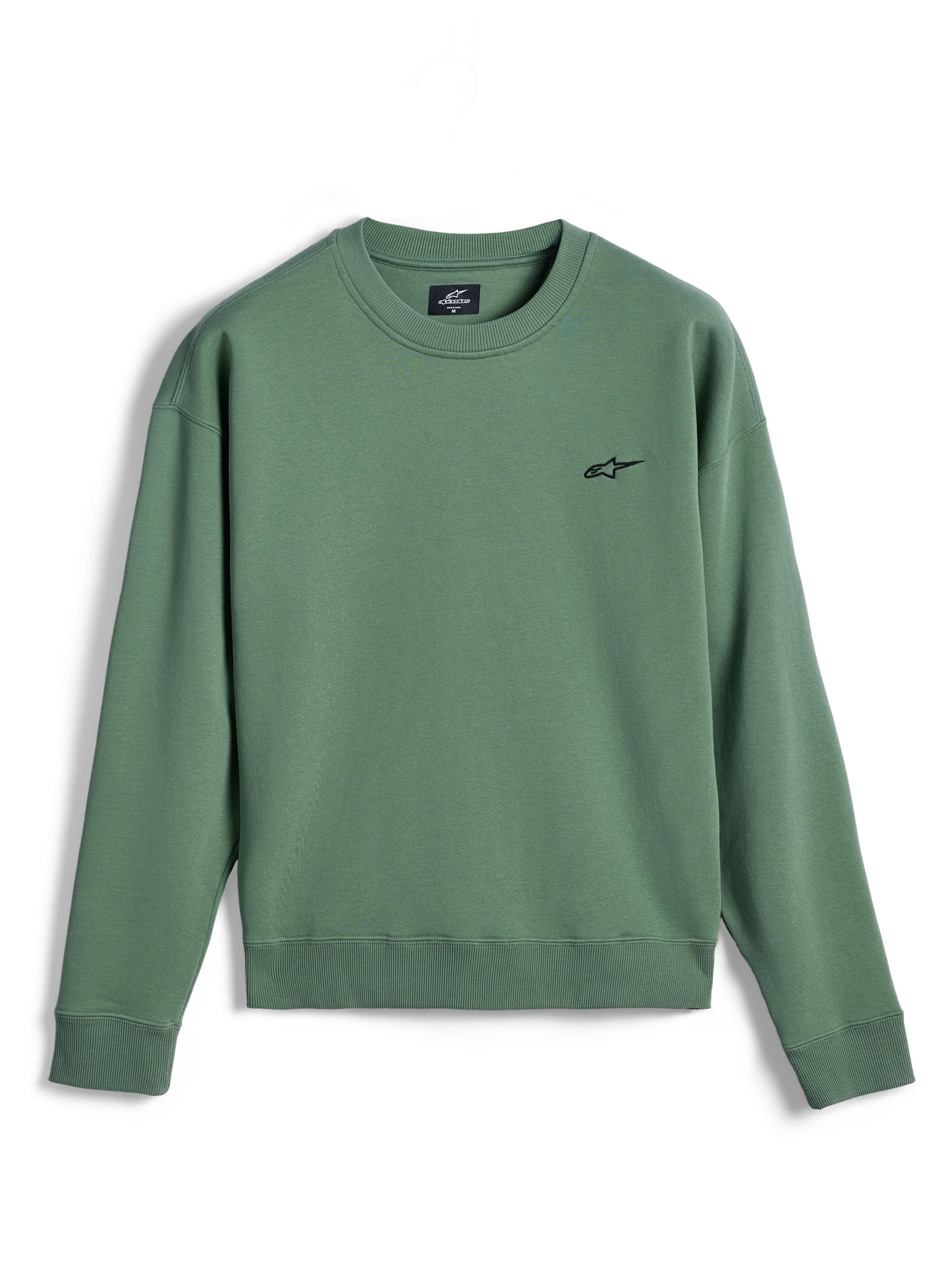 Alpinestars Essentials Ageless Crew, crewneck sweatshirt, kaktusgrøn, lille sort Astar-logo på brystet, ribstrikket krave, manchetter og kant, premium fleece, afslappet off-bike sportswear