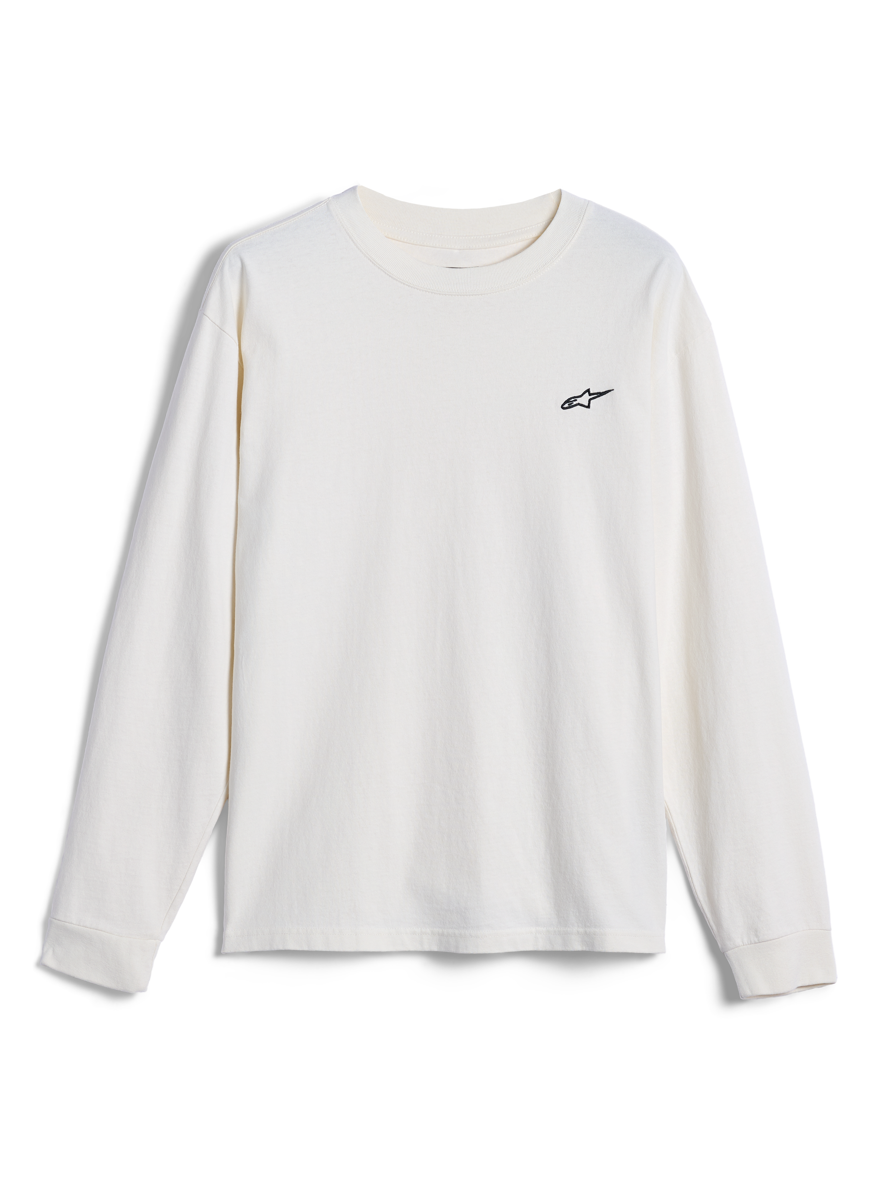 Alpinestars Essentials Ageless LS Tee, langærmet t-shirt, Off White, med et lille sort Alpinestars-logo på brystet, afslappet motorsport-inspireret streetwear