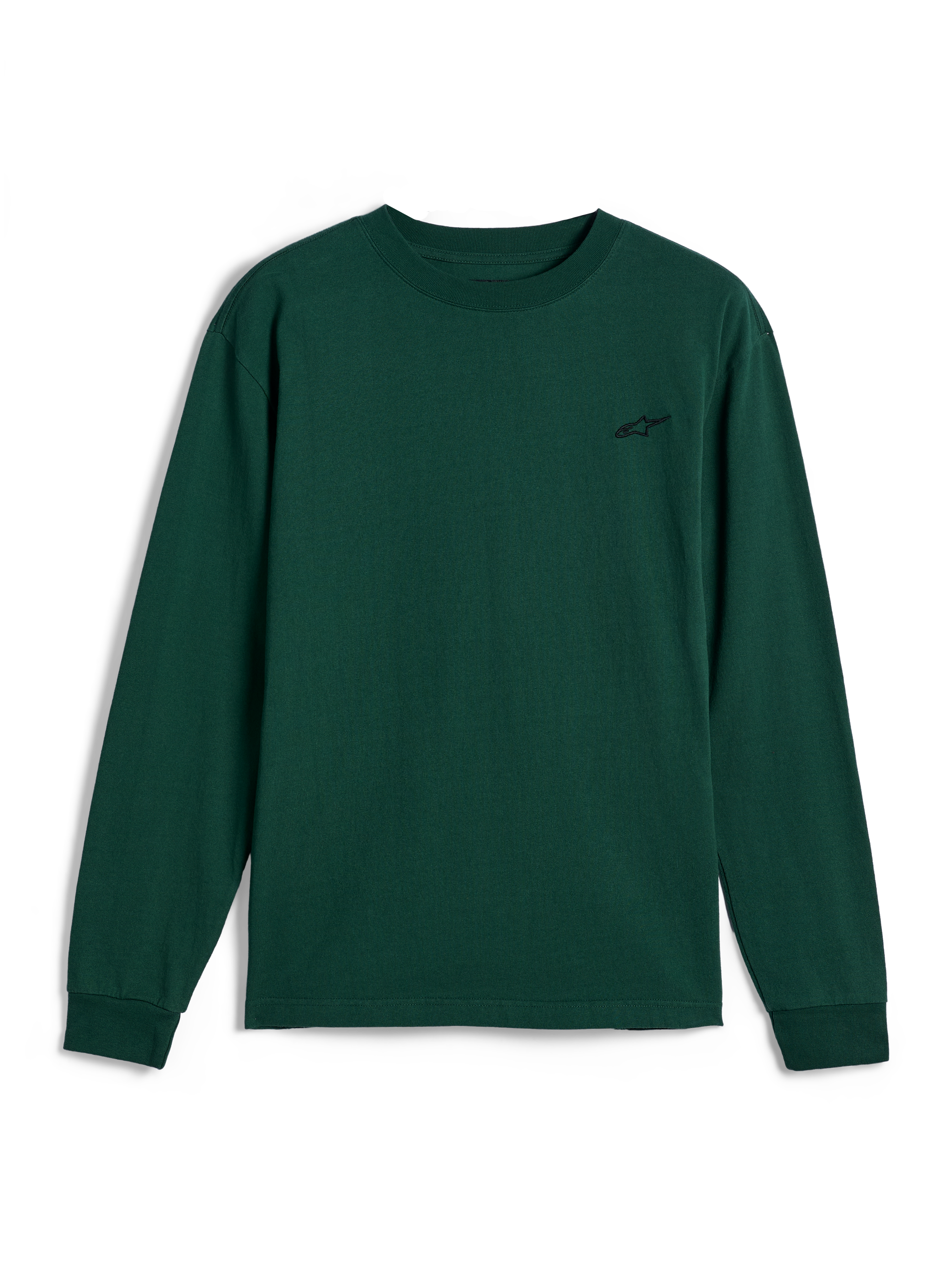 Alpinestars Essentials Ageless LS Tee, langærmet t-shirt, pine green, lille sort broderet logo på venstre bryst, afslappet motorsport streetwear