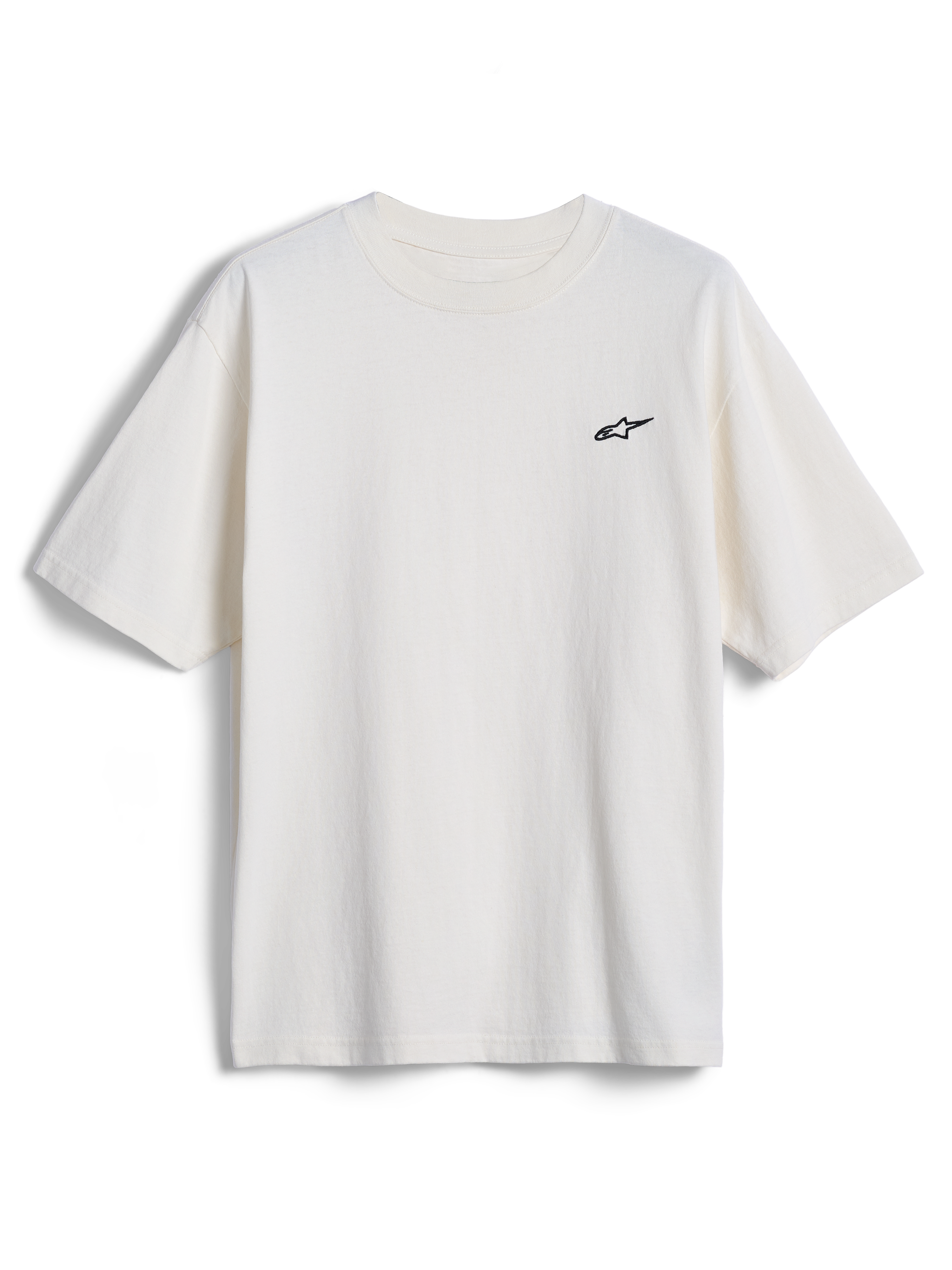 Alpinestars Essentials Ageless SS Tee, kortærmet t-shirt, råhvid, lille sort Alpinestars-stjernelogo på brystet, afslappet motorsport-inspireret streetwear