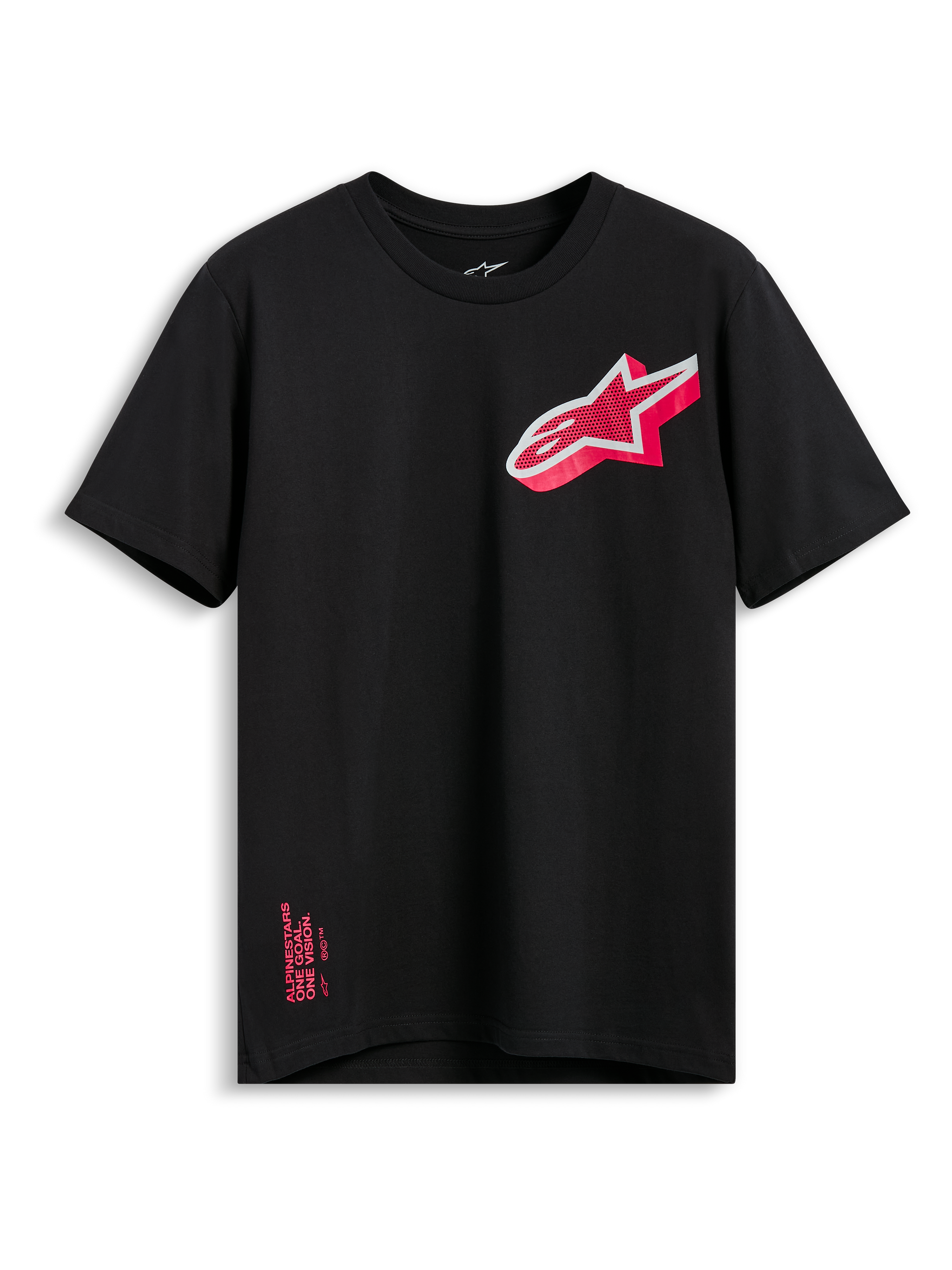 Alpinestars Shaded CSF Tee, kortærmet T-shirt, sort, skråt pink og hvidt Astars gradient-logo, casual motorsportstøj