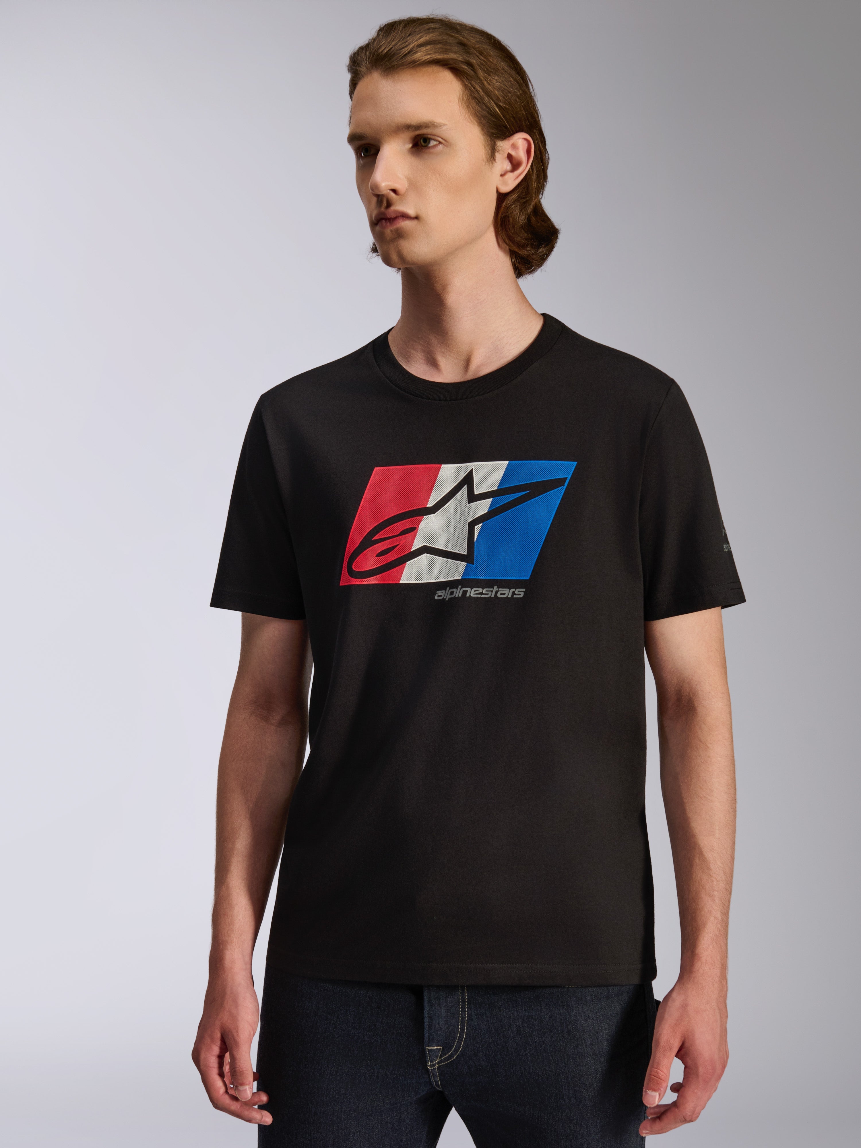 Alpinestars Global CSF Tee, Short Sleeve T-Shirt, Black with Red White and Blue chest graphic, Ageless shadow logo, casual motorsport-inspired streetwear