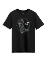Alpinestars Tech Boot CSF Tee, kortærmet t-shirt, sort, hvid illustration af motocrossstøvle med cirkulært Alpinestars-ordmærke og stjernelogo, casual motorsport-streetwear