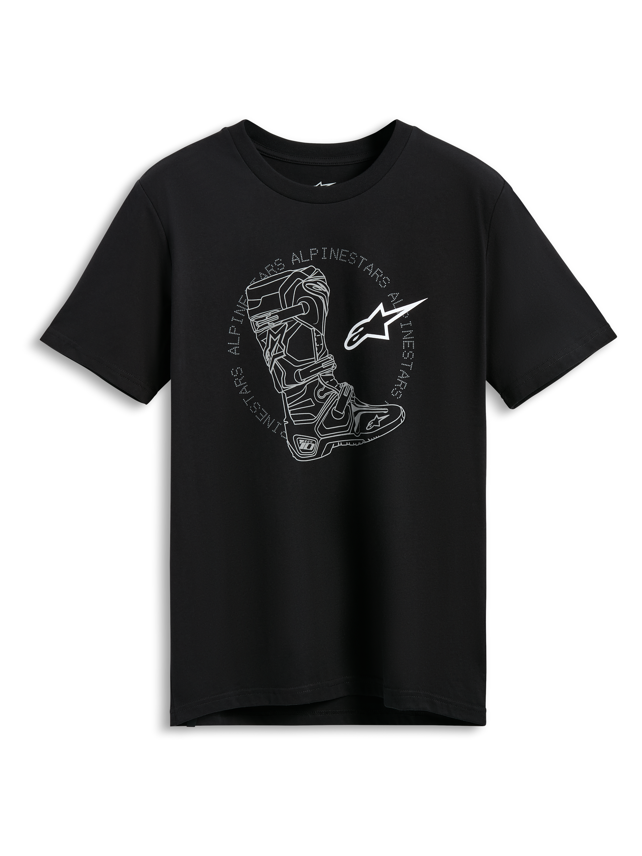 Alpinestars Tech Boot CSF Tee, kortærmet t-shirt, sort, hvid illustration af motocrossstøvle med cirkulært Alpinestars-ordmærke og stjernelogo, casual motorsport-streetwear