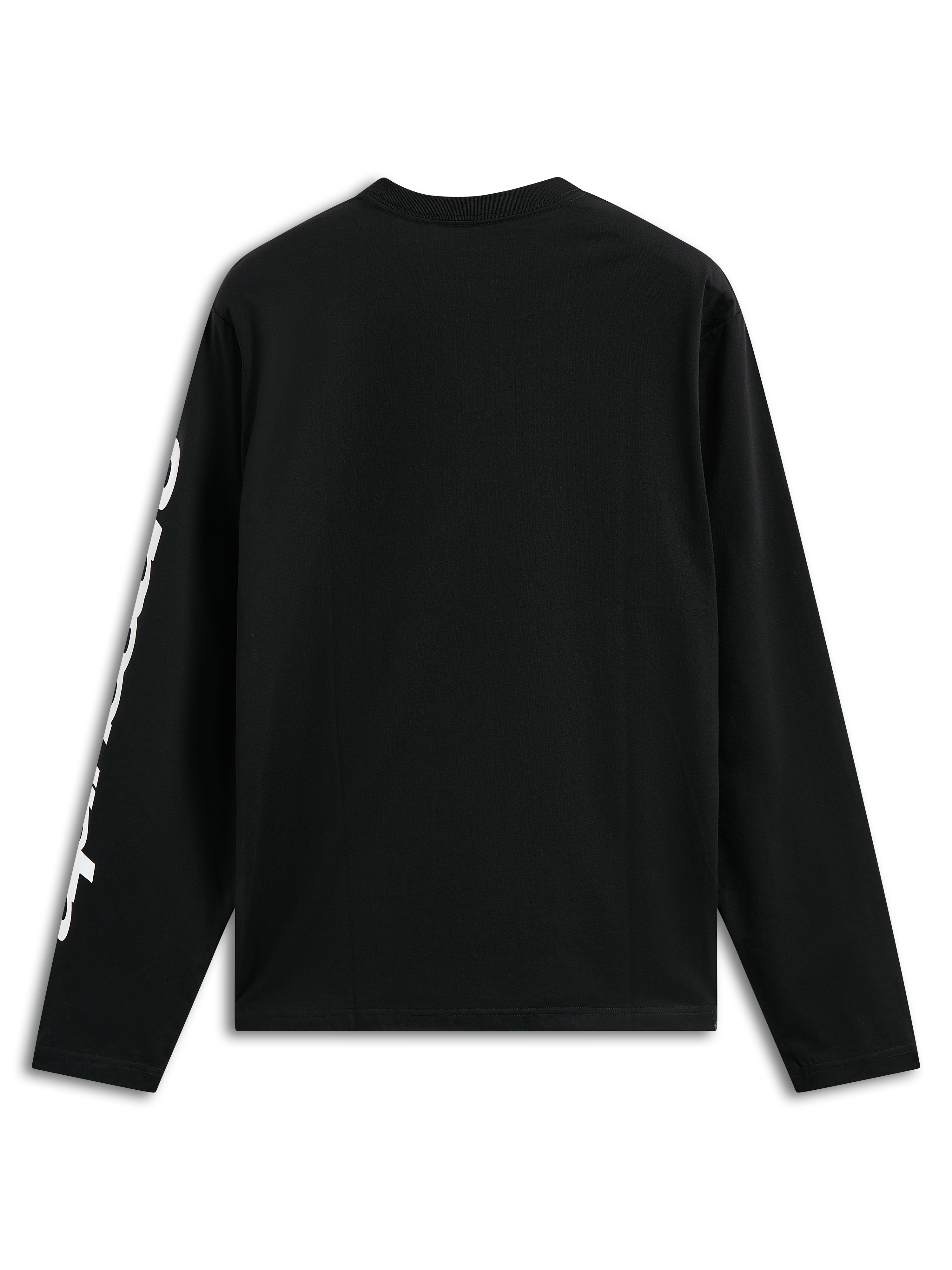 Alpinestars Trackside CSF Tee, langærmet T-shirt, sort, med hvid lodret tekstgrafik på ærmet, set bagfra, afslappet motorsport streetwear