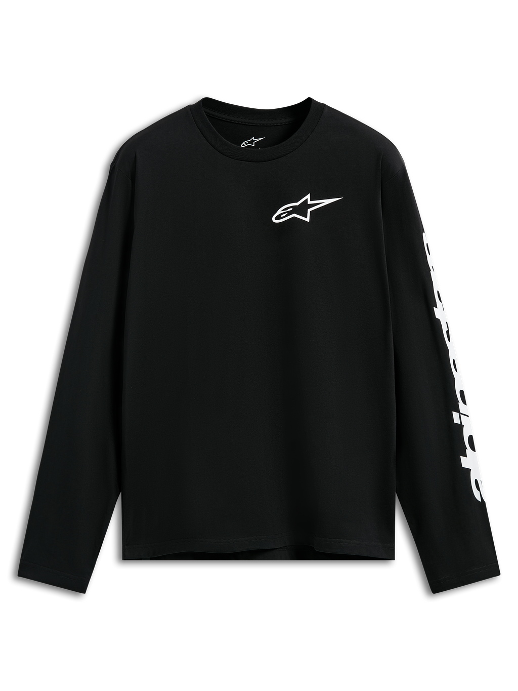 Alpinestars Trackside CSF Tee, langærmet t-shirt, sort, hvidt Alpinestars-logo på brystet og grafik på ærmet, afslappet motorsport-inspireret streetwear