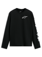 Alpinestars Trackside CSF Tee, langærmet t-shirt, sort, hvidt Alpinestars-logo på brystet og grafik på ærmet, afslappet motorsport-inspireret streetwear