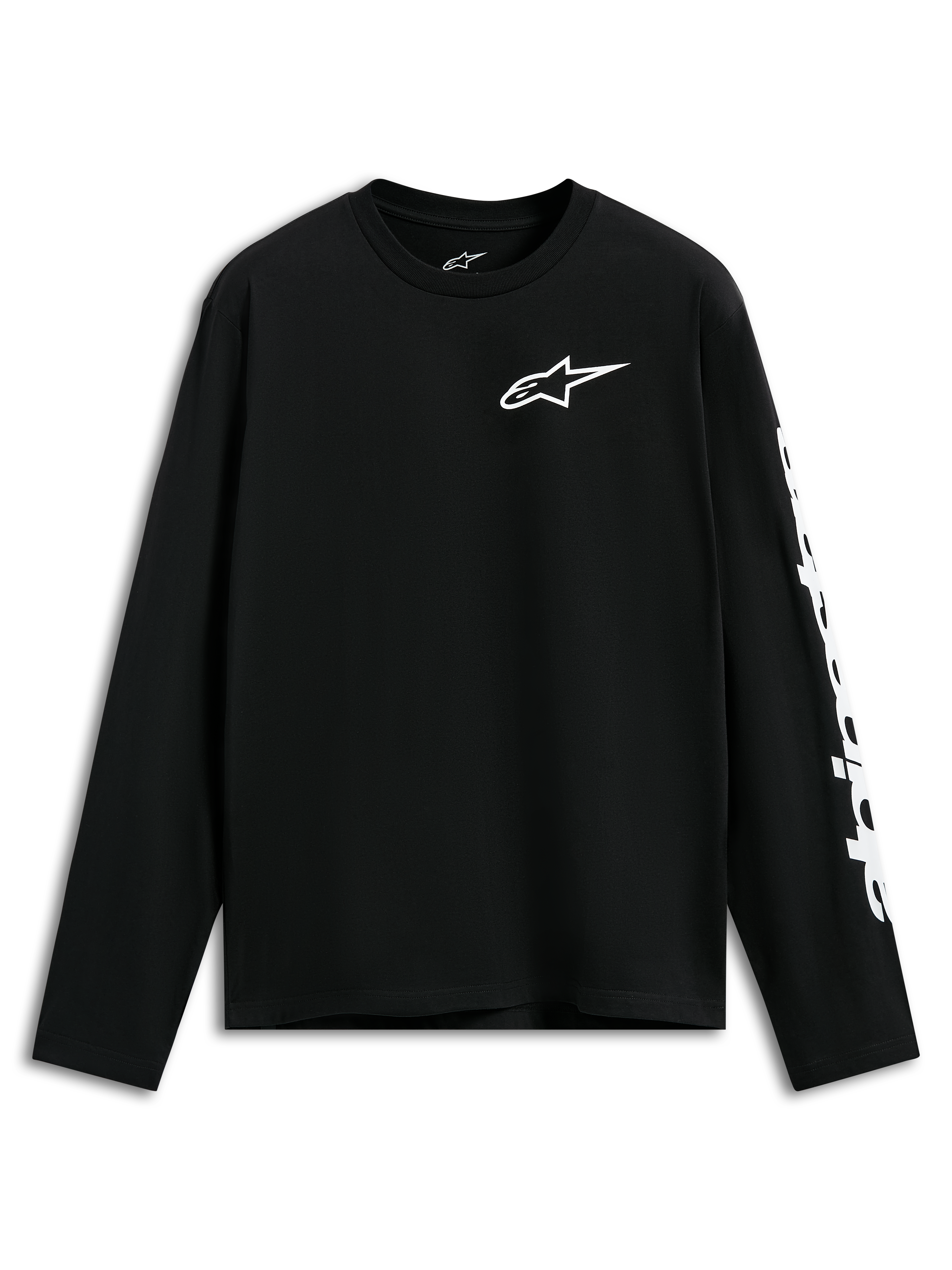 Alpinestars Trackside CSF Tee, langærmet t-shirt, sort, hvidt Alpinestars-logo på brystet og grafik på ærmet, afslappet motorsport-inspireret streetwear