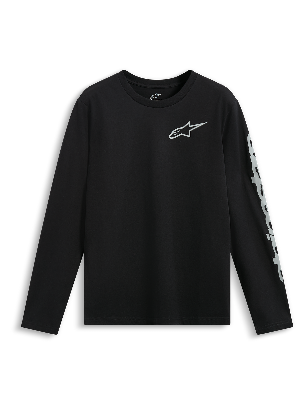 Alpinestars Trackside CSF Tee, langærmet t-shirt, sort, hvidt Astars-logo på brystet og stor branding på ærmet, afslappet motorsportstøj