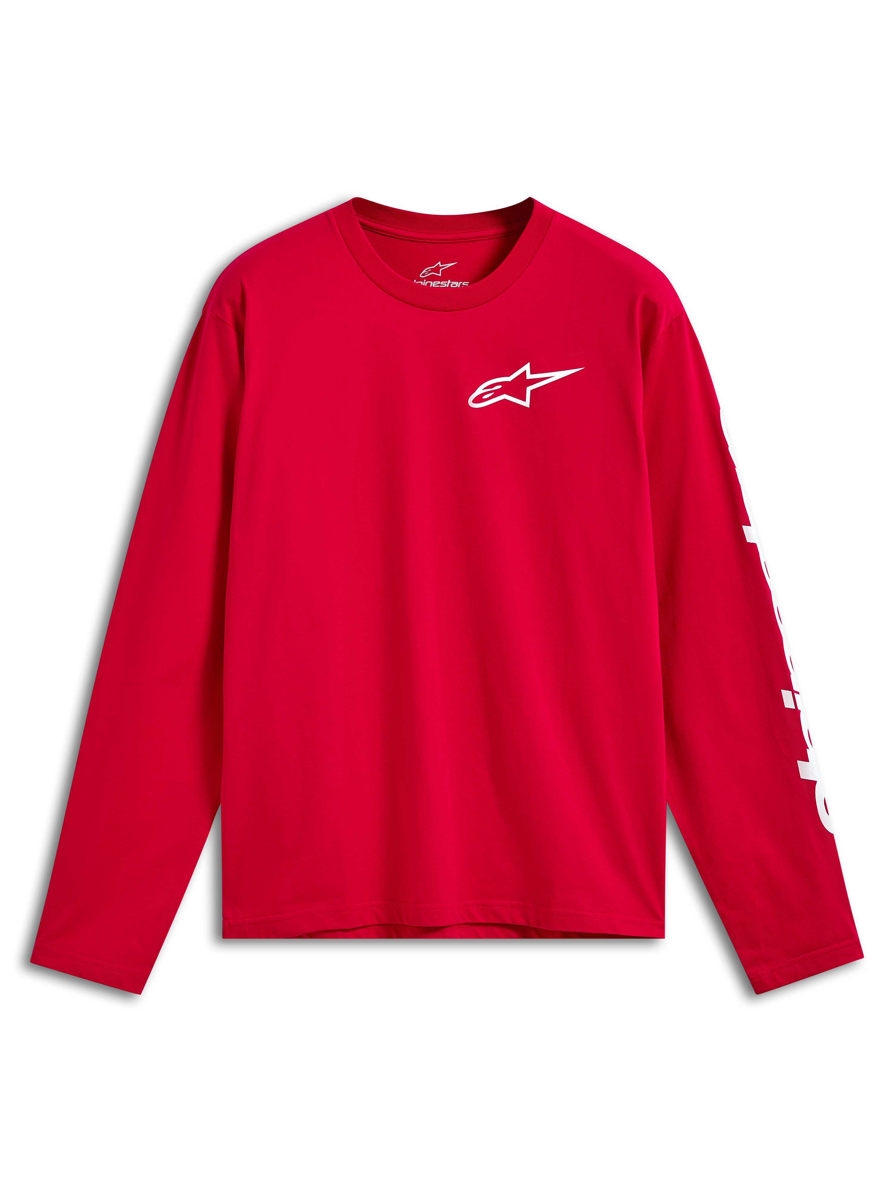 Alpinestars Trackside CSF Tee, langærmet t-shirt, rød med hvidt Ride 4.0-logo på brystet og hvid mærkning på ærmet, casual motorsport-sportstøj