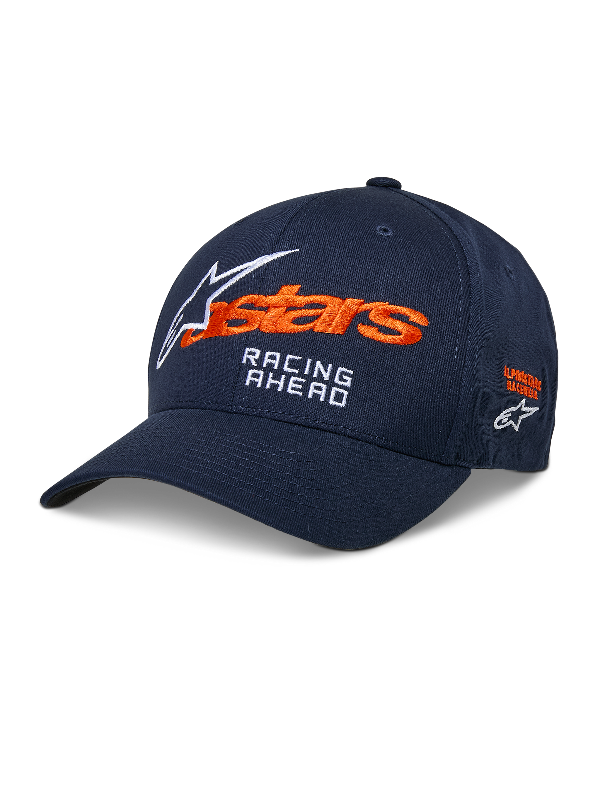 Alpinestars Entitled Hat, Navy Blue Curved Bill Baseball Cap, featuring orange and white embroidered logos with 'RACING AHEAD' text, casual motorsport-inspired design