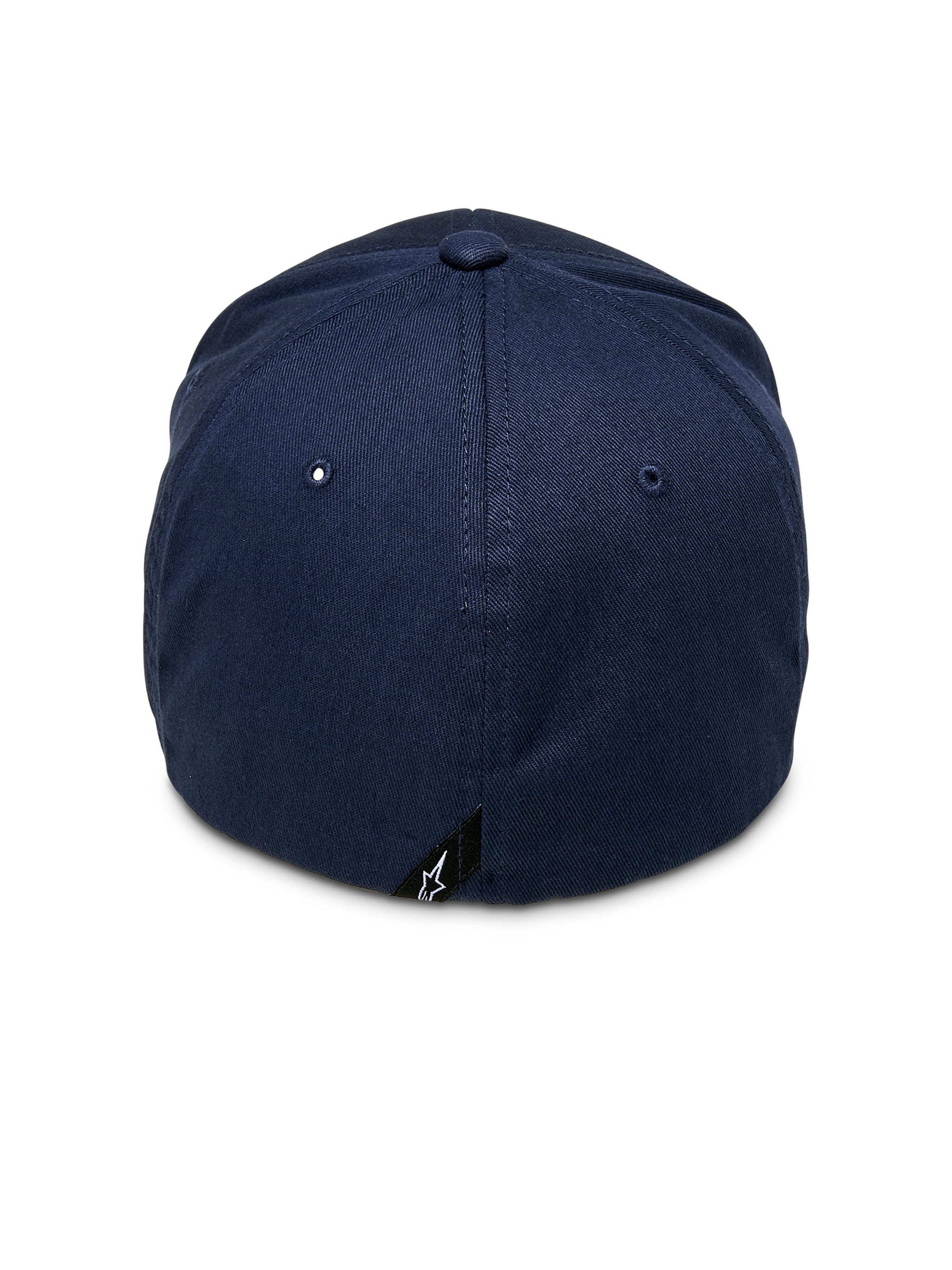Alpinestars Entitled Hat, Flex-Back Baseball Cap, Navy Blue, Rear view featuring a small black logo tag, structured crown in stretch twill fabric, casual motorsport-inspired headwear