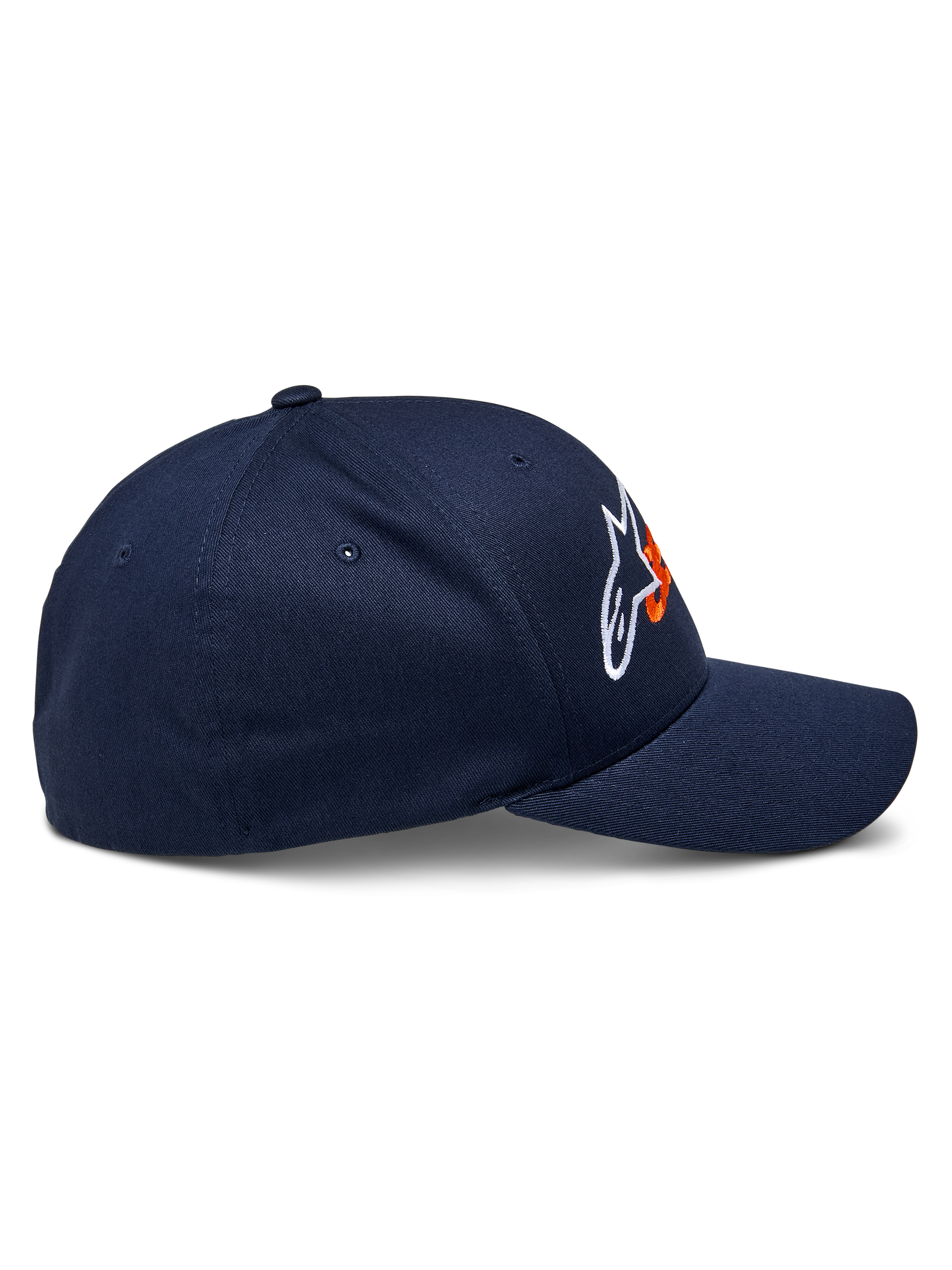Alpinestars Entitled Hat, Casual Sportswear Hat, Navy Blue and Orange, Side profile view, Curved bill with structured crown, White and Orange Alpinestars logo, Stretch twill fabric