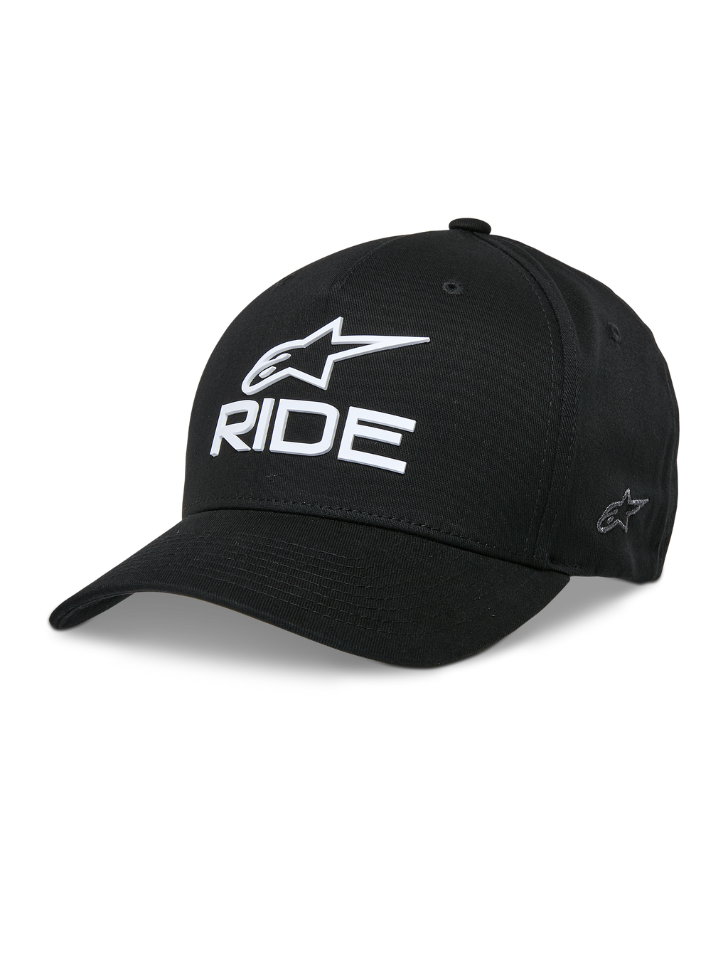 Alpinestars Ride Sonic Kasket, sort baseballkasket, hvidt 3D-broderet stjernelogo og "RIDE"-tekst, buet skygge, struktureret krone, afslappet motorsports-hovedbeklædning