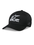 Alpinestars Ride Sonic Kasket, sort baseballkasket, hvidt 3D-broderet stjernelogo og "RIDE"-tekst, buet skygge, struktureret krone, afslappet motorsports-hovedbeklædning