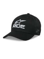 Alpinestars Ride Sonic Kasket, sort baseballkasket, hvidt 3D-broderet stjernelogo og "RIDE"-tekst, buet skygge, struktureret krone, afslappet motorsports-hovedbeklædning