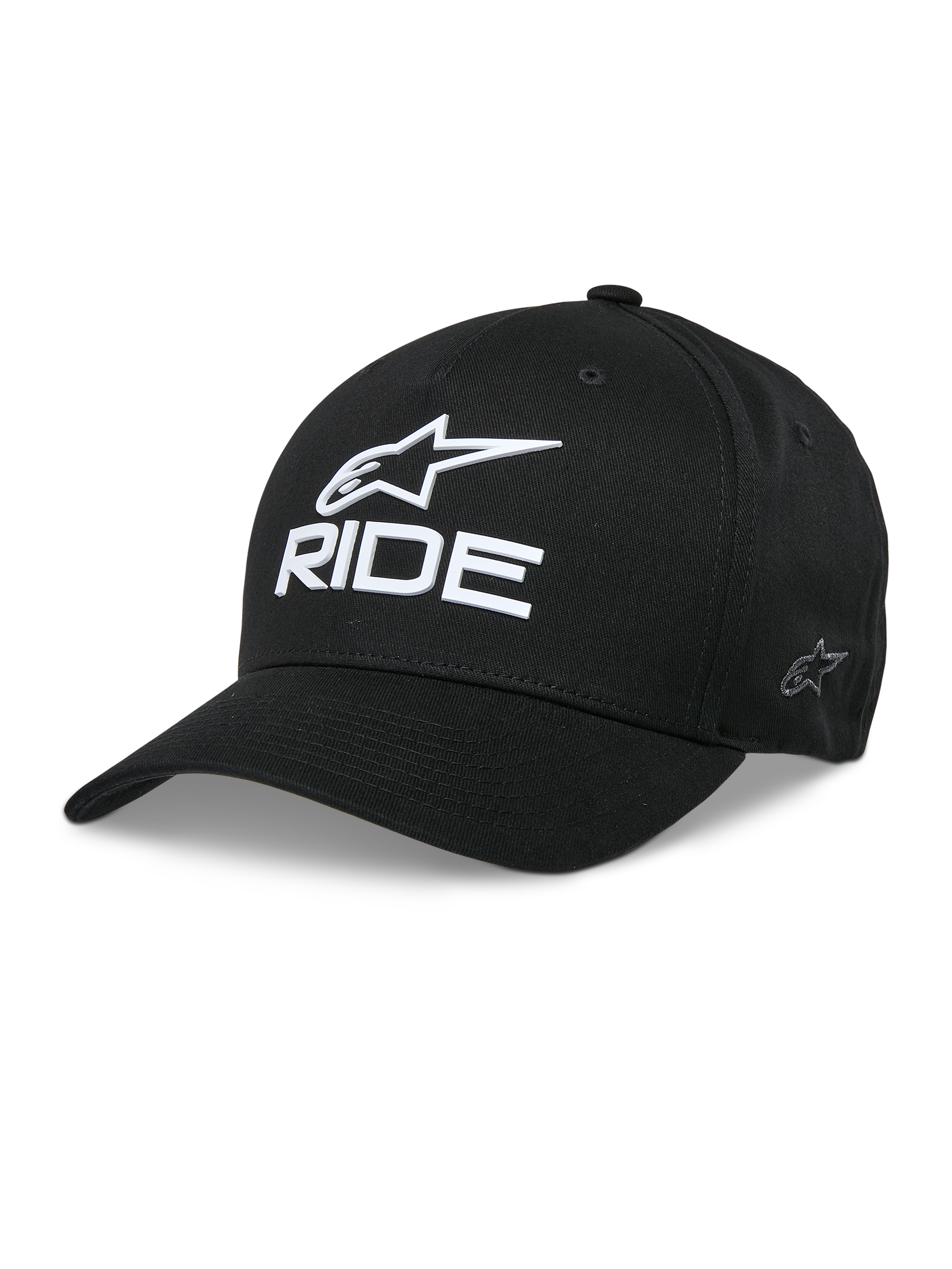Alpinestars Ride Sonic Kasket, sort baseballkasket, hvidt 3D-broderet stjernelogo og "RIDE"-tekst, buet skygge, struktureret krone, afslappet motorsports-hovedbeklædning