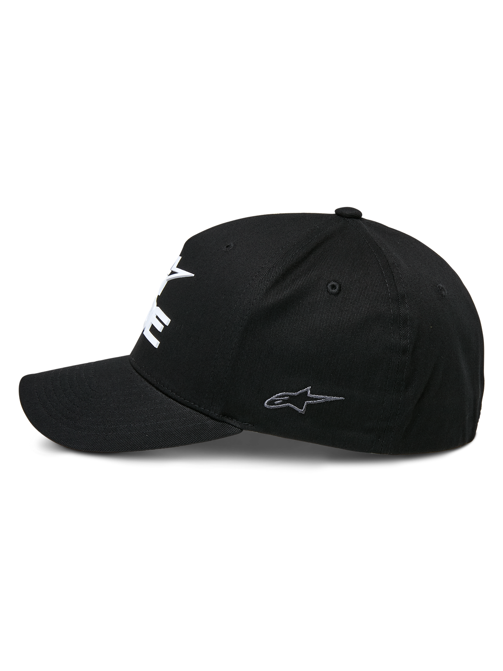 Alpinestars Ride Sonic kasket, struktureret baseball-kasket, sort, profilvisning med buet skygge og lille gråt broderet stjernelogo på sidepanelet, stræk-twill materiale, afslappet motorsport-hovedbeklædning