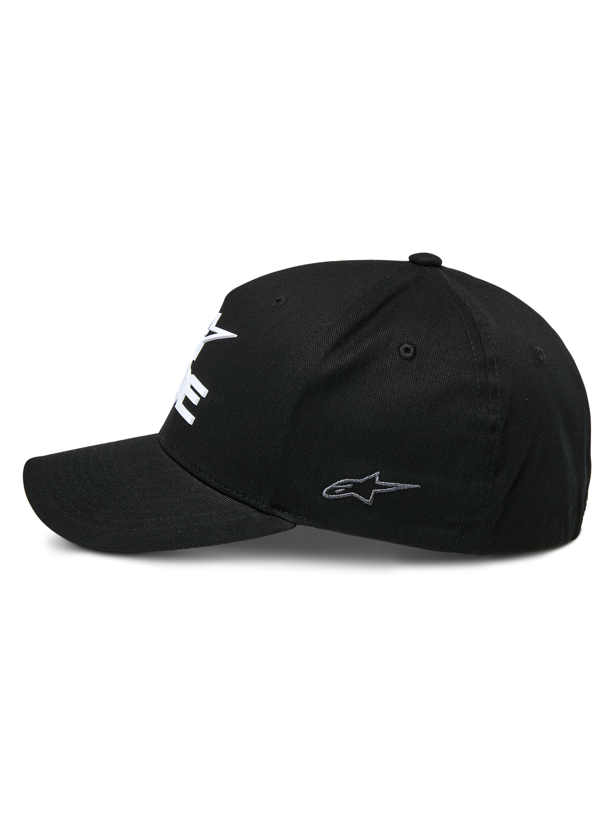 Alpinestars Ride Sonic kasket, struktureret baseball-kasket, sort, profilvisning med buet skygge og lille gråt broderet stjernelogo på sidepanelet, stræk-twill materiale, afslappet motorsport-hovedbeklædning