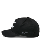 Alpinestars Ride Sonic kasket, struktureret baseball-kasket, sort, profilvisning med buet skygge og lille gråt broderet stjernelogo på sidepanelet, stræk-twill materiale, afslappet motorsport-hovedbeklædning