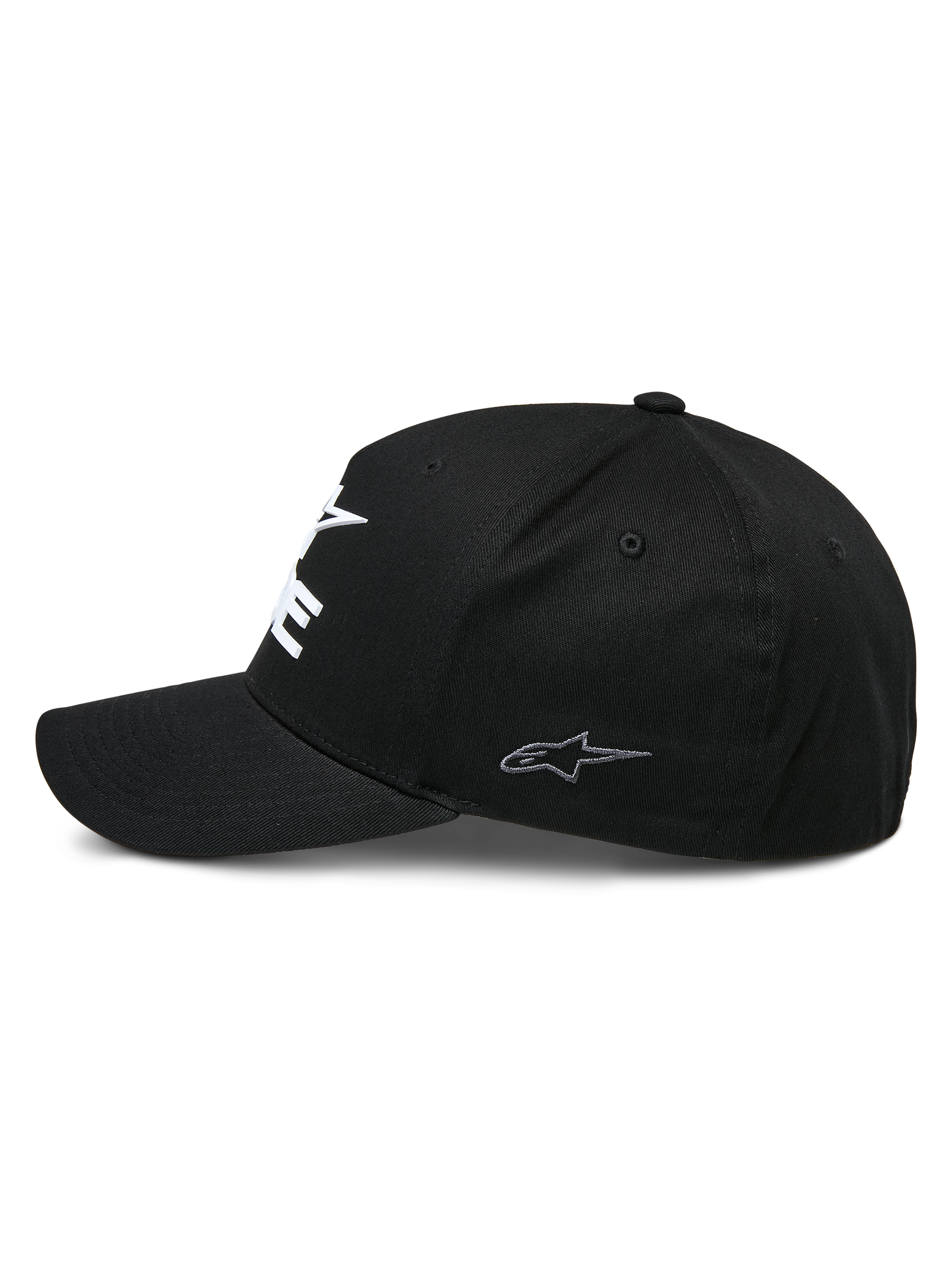 Alpinestars Ride Sonic kasket, struktureret baseball-kasket, sort, profilvisning med buet skygge og lille gråt broderet stjernelogo på sidepanelet, stræk-twill materiale, afslappet motorsport-hovedbeklædning