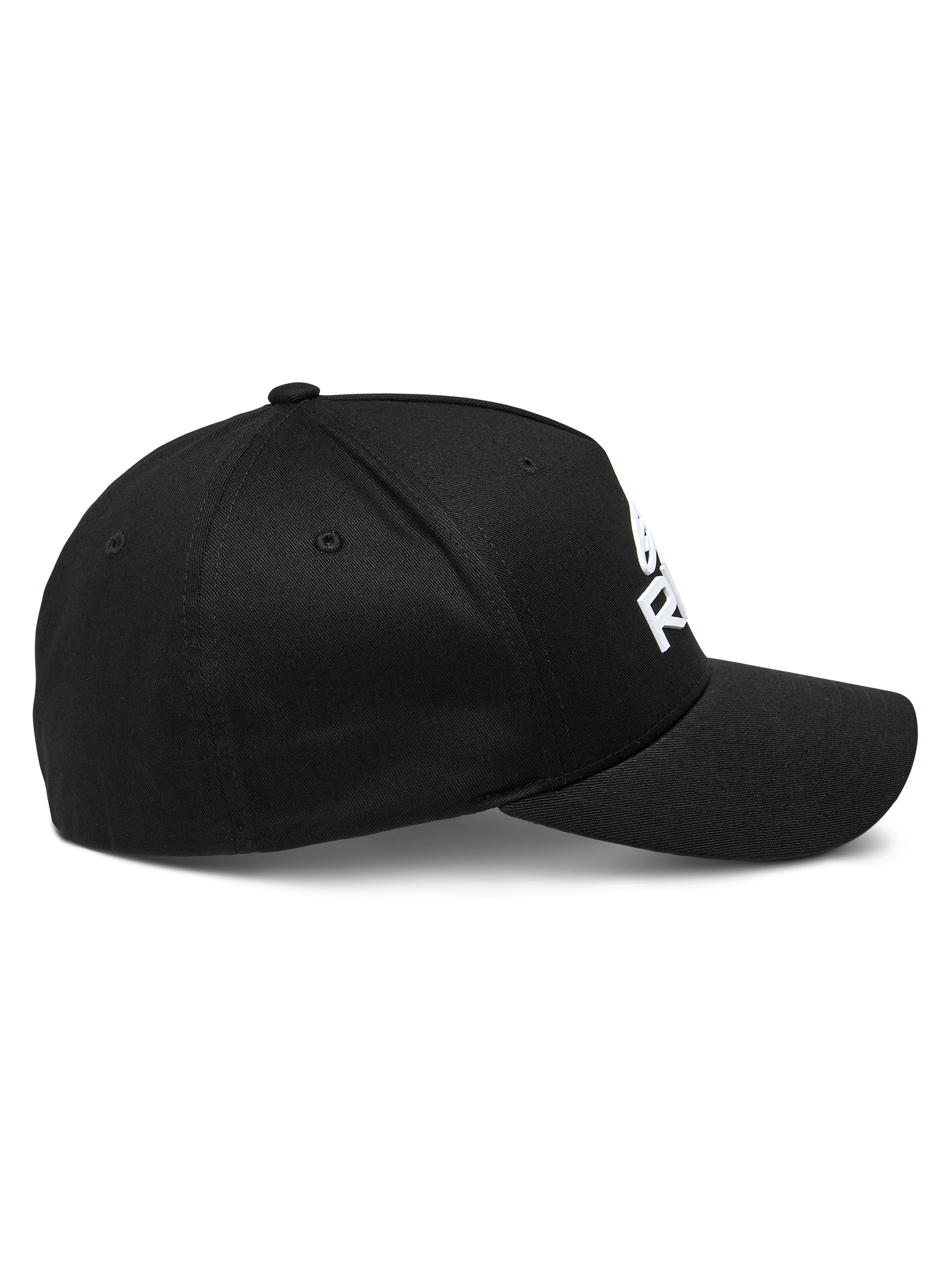 Alpinestars Ride Sonic kasket, set fra siden, sort med hvidt 3D-broderet logo, buet skygge, struktureret krone, stræk twill-stof, afslappet motorsport-hovedbeklædning