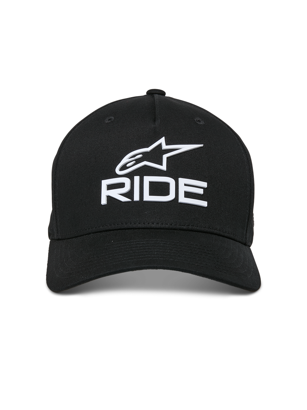 Alpinestars Ride Sonic kasket, sort, hvidt 3D-broderet logo med Alpinestars-stjerne og 'RIDE'-tekst, buet skygge, struktureret krone, afslappet motorsport-inspireret streetwear