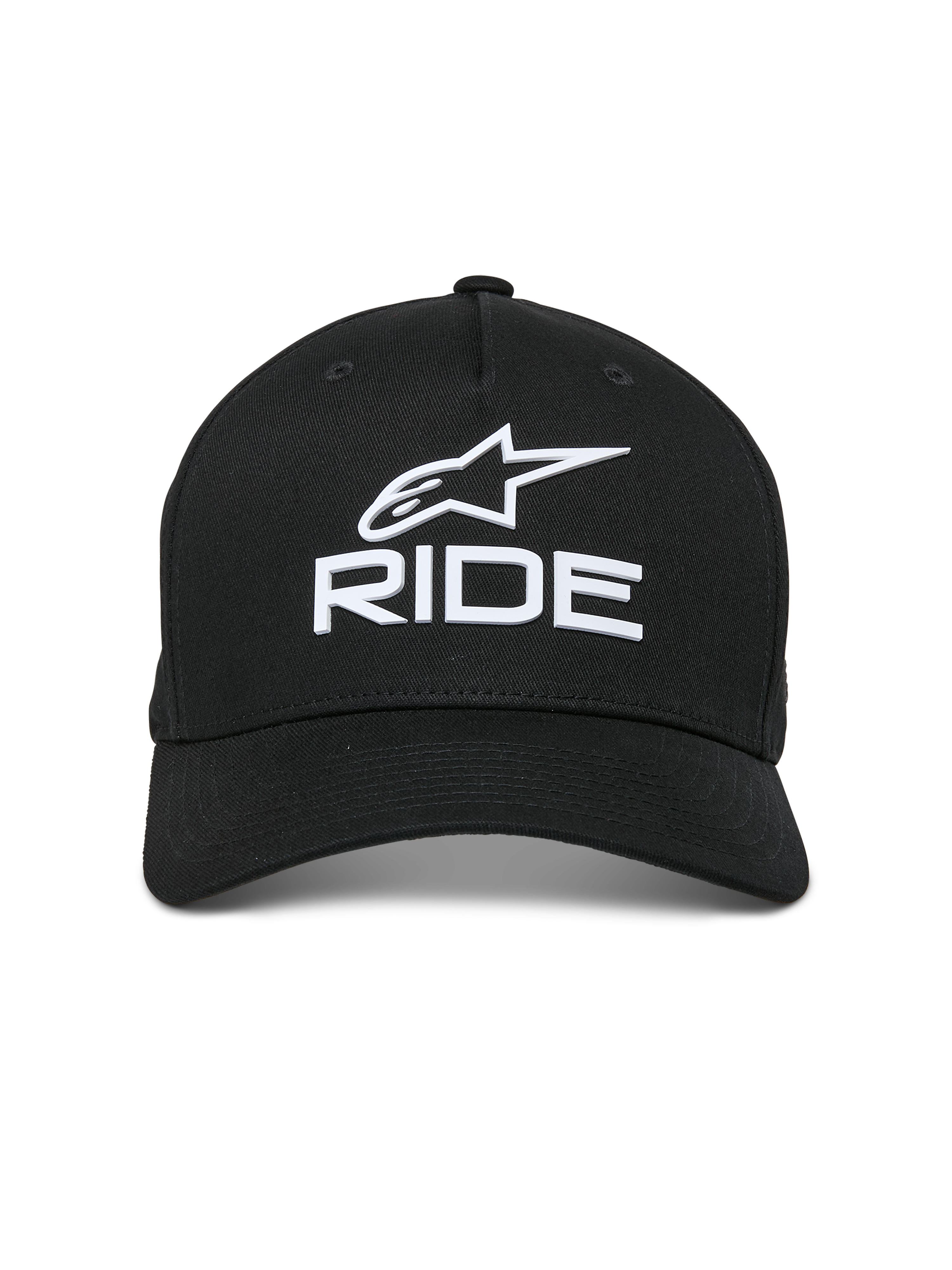 Alpinestars Ride Sonic kasket, sort, hvidt 3D-broderet logo med Alpinestars-stjerne og 'RIDE'-tekst, buet skygge, struktureret krone, afslappet motorsport-inspireret streetwear