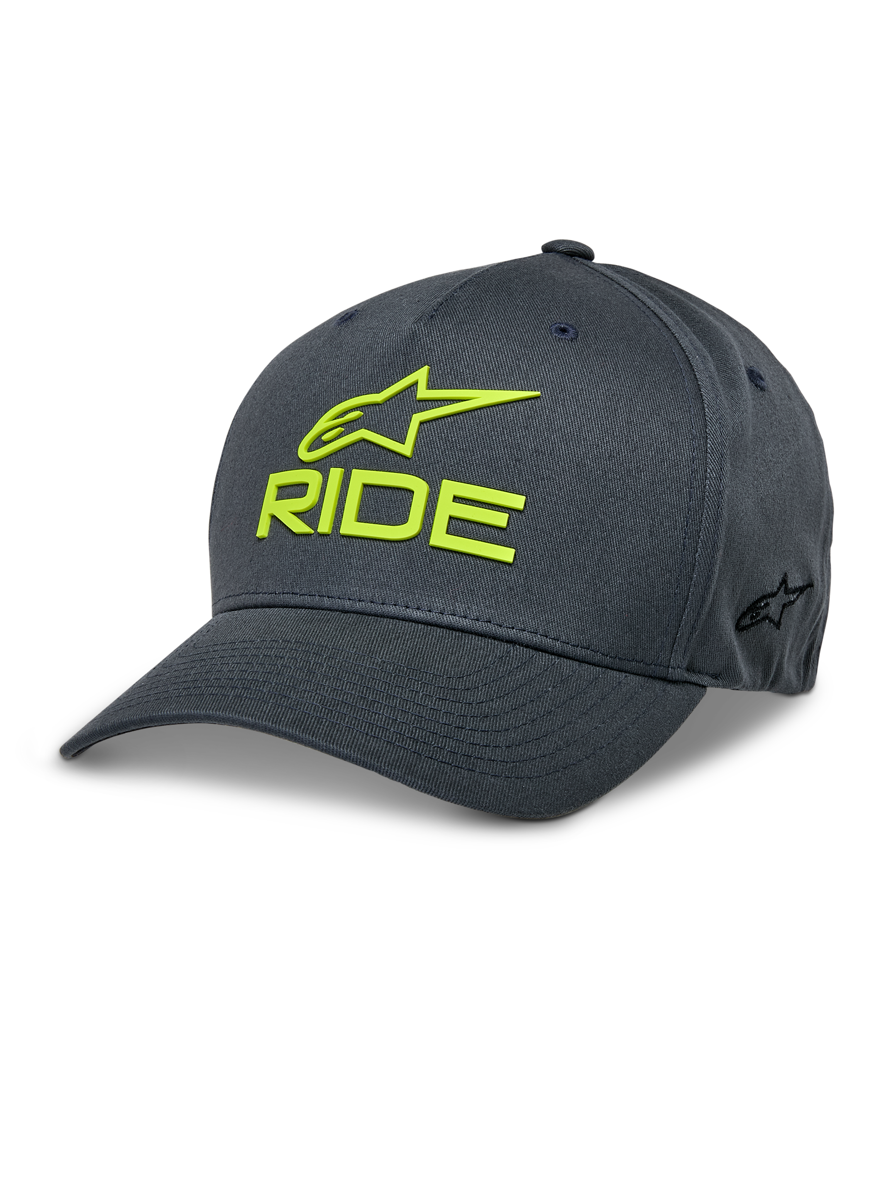 Alpinestars Ride Sonic kasket, mørkegrå og neongul baseballkasket, 3D-broderet RIDE- og stjernelogo, buet skygge, struktureret krone, afslappet motorsports-hovedbeklædning i stræk-twill
