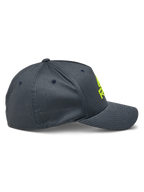 Alpinestars Ride Sonic Hat, side profile view, charcoal gray with hi-vis yellow 3D embroidered logo, curved bill and structured crown, stretch twill casual motorsport headwear