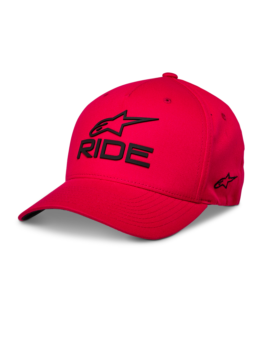 Alpinestars Ride Sonic Hat, rød baseballkasket, sort 3D-broderet 'RIDE' og Alpinestars-logo, buet skygge, struktureret krone, casual motorsport-streetwear
