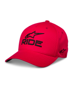 Alpinestars Ride Sonic Hat, rød baseballkasket, sort 3D-broderet 'RIDE' og Alpinestars-logo, buet skygge, struktureret krone, casual motorsport-streetwear