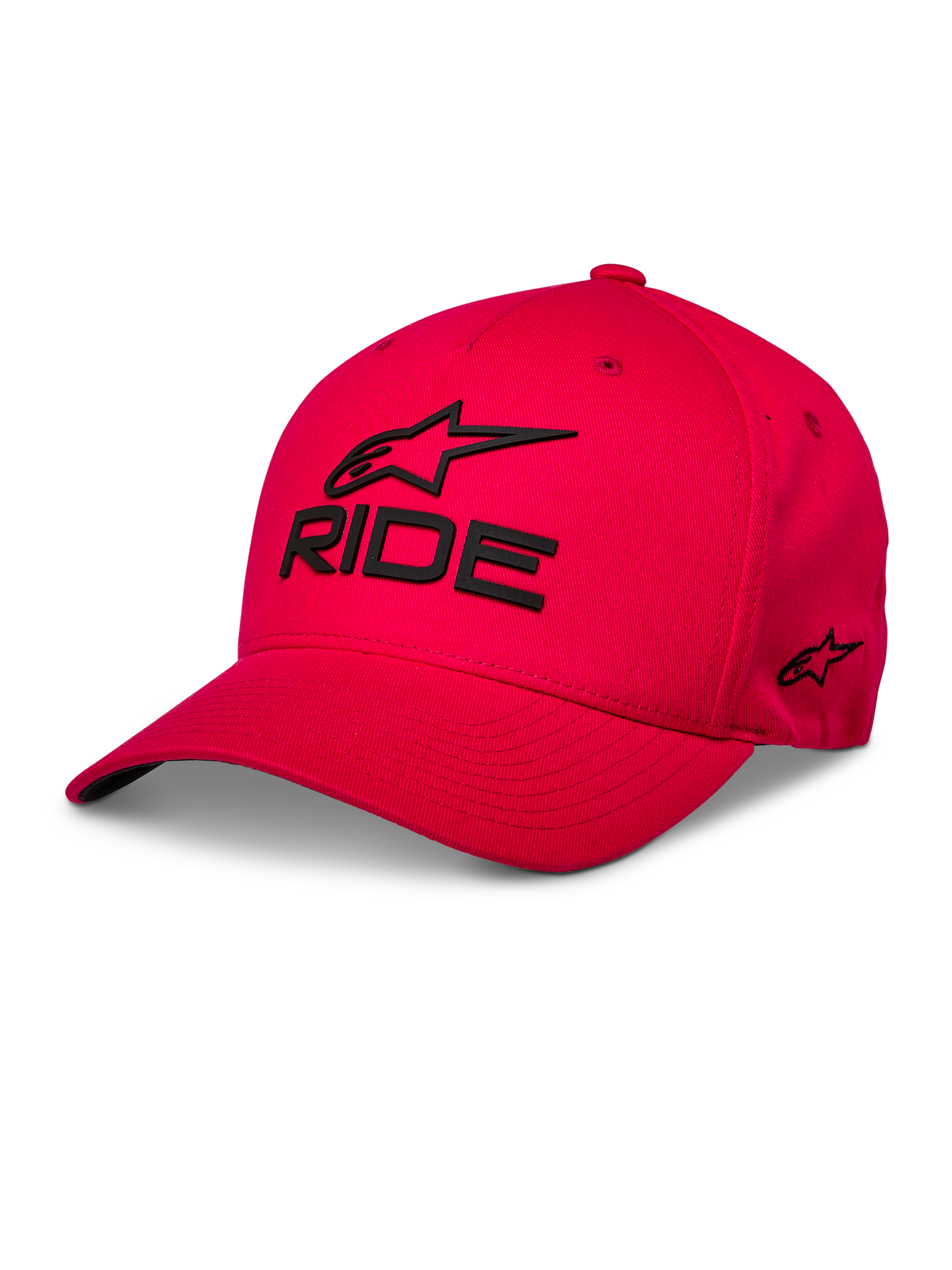 Alpinestars Ride Sonic Hat, rød baseballkasket, sort 3D-broderet 'RIDE' og Alpinestars-logo, buet skygge, struktureret krone, casual motorsport-streetwear