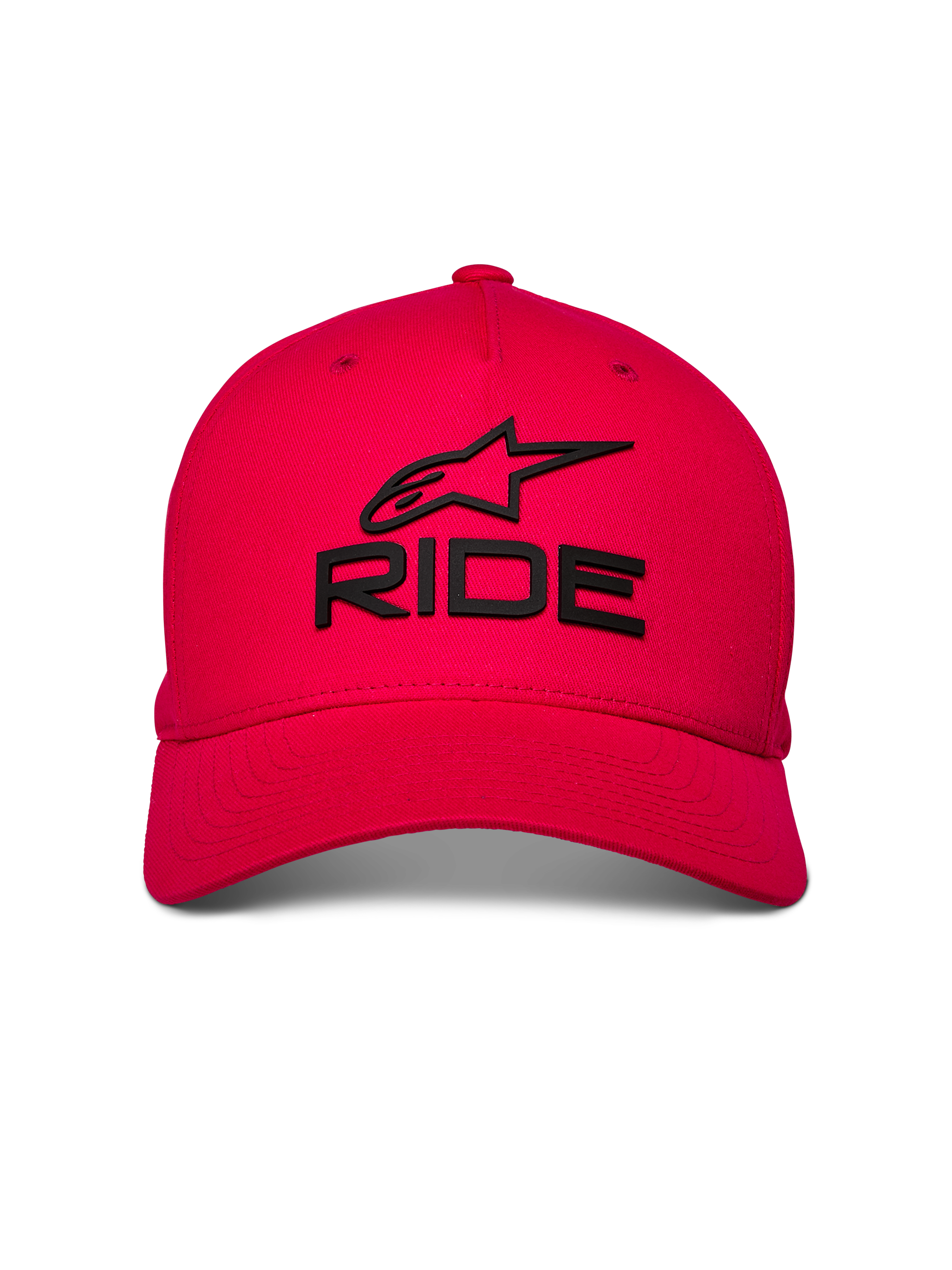 Alpinestars Ride Sonic kasket, rød baseball kasket, sort 3D broderet RIDE- og stjerne-logo, buet skygge med struktureret krone, casual motorsport hovedbeklædning