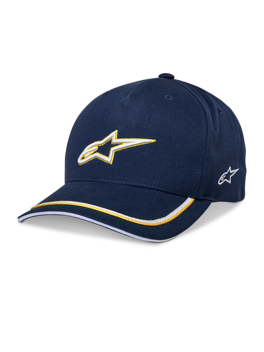 Alpinestars Ascension Snapback Hat, baseballcap, mørkeblå og guld, 3D-broderet Astars-logo, buet skygge med gule og hvide striber, afslappet motorsport-hovedbeklædning