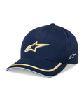 Alpinestars Ascension Snapback Hat, baseballcap, mørkeblå og guld, 3D-broderet Astars-logo, buet skygge med gule og hvide striber, afslappet motorsport-hovedbeklædning