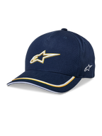 Alpinestars Ascension Snapback Hat, baseballcap, mørkeblå og guld, 3D-broderet Astars-logo, buet skygge med gule og hvide striber, afslappet motorsport-hovedbeklædning