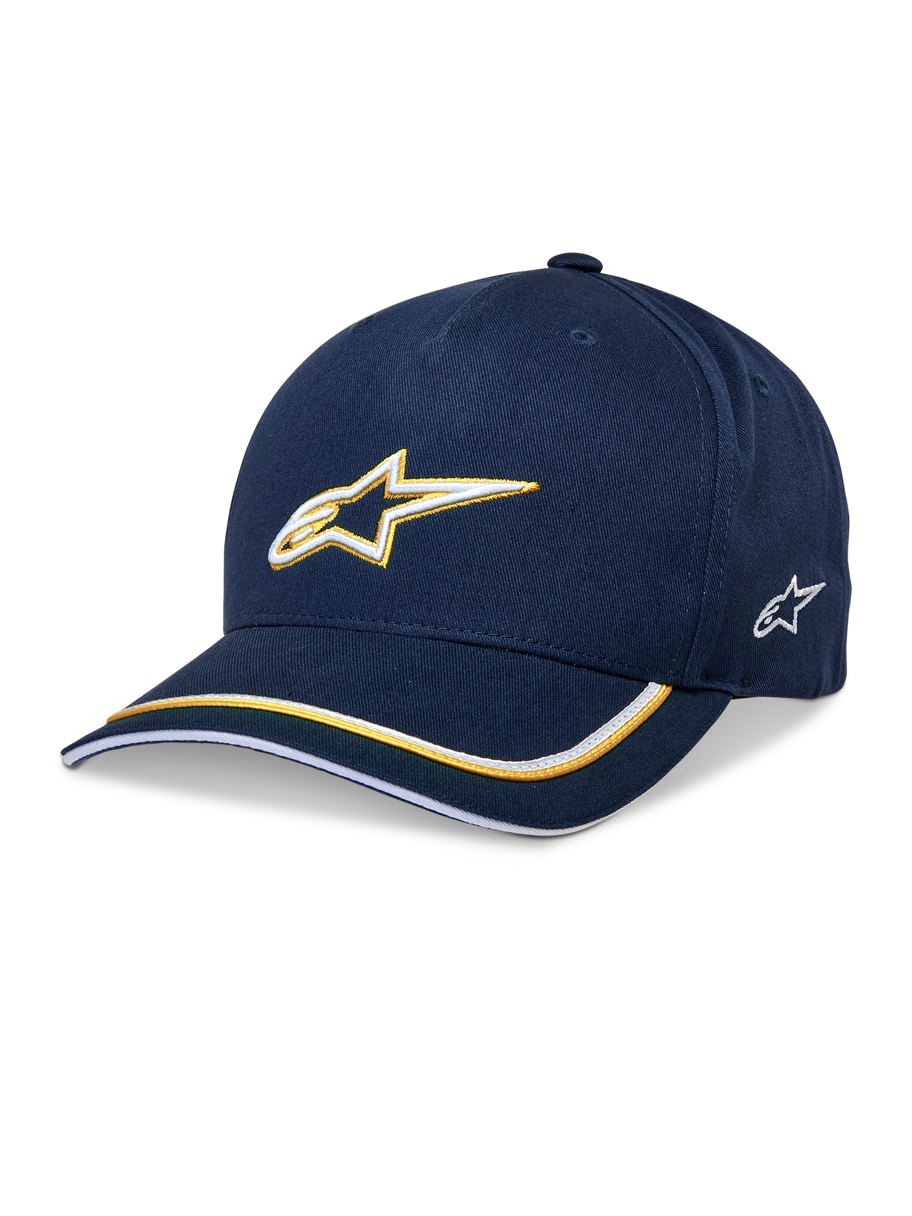 Alpinestars Ascension Snapback Hat, Baseball Cap, Navy Blue and Gold, 3D embroidered Astars logo, curved brim with yellow and white stripes, casual motorsport headwear