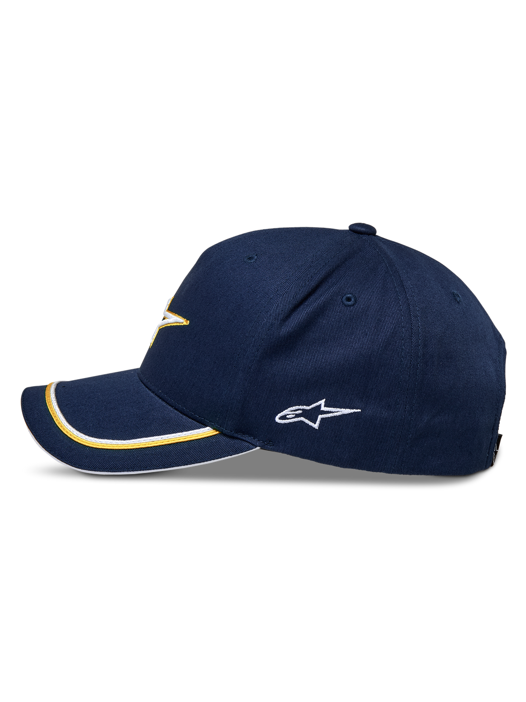Alpinestars Ascension Snapback kasket, marineblå og guld, sideprofil med buet skygge med guld og hvid dobbelt sutache-kant, broderet sidelogo, casual motorsport-streetwear