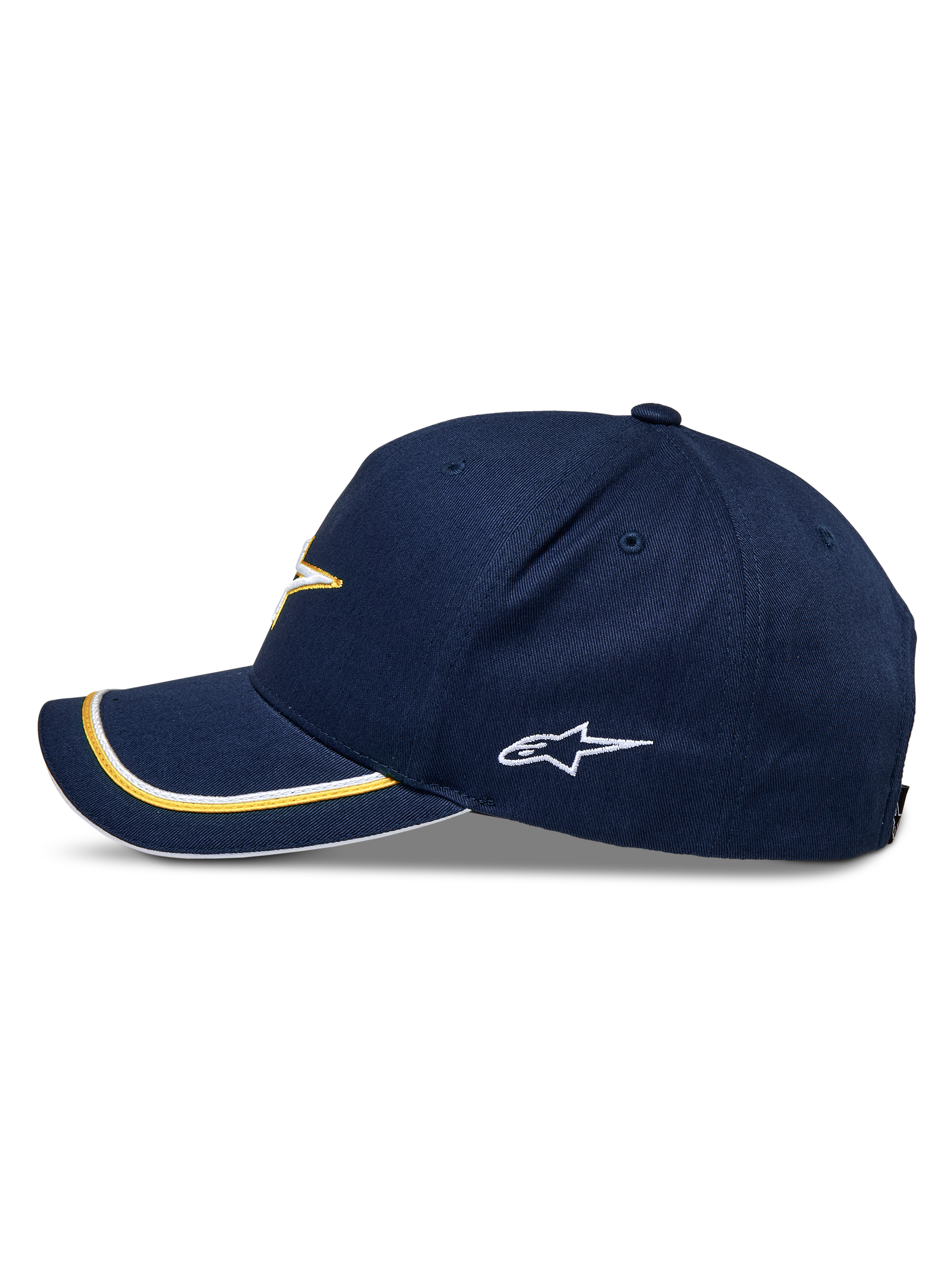 Alpinestars Ascension Snapback kasket, marineblå og guld, sideprofil med buet skygge med guld og hvid dobbelt sutache-kant, broderet sidelogo, casual motorsport-streetwear