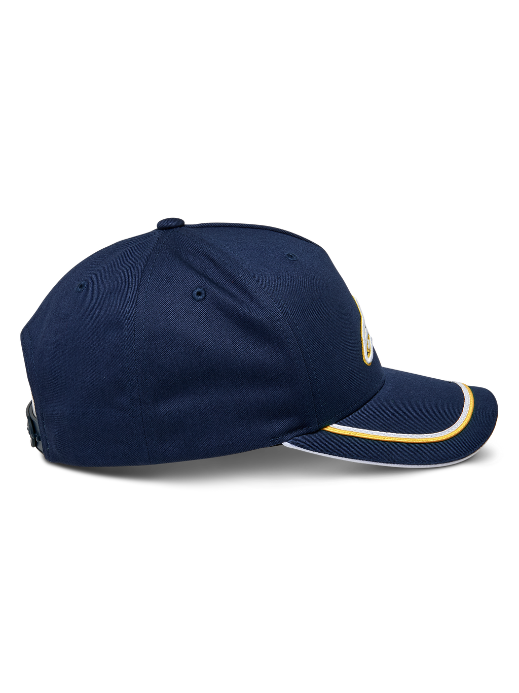 Alpinestars Ascension Snapback kasket, set fra siden, marineblå med guld og hvid sutache-kant på den buede skygge, struktureret krone, afslappet motorsport-hovedbeklædning