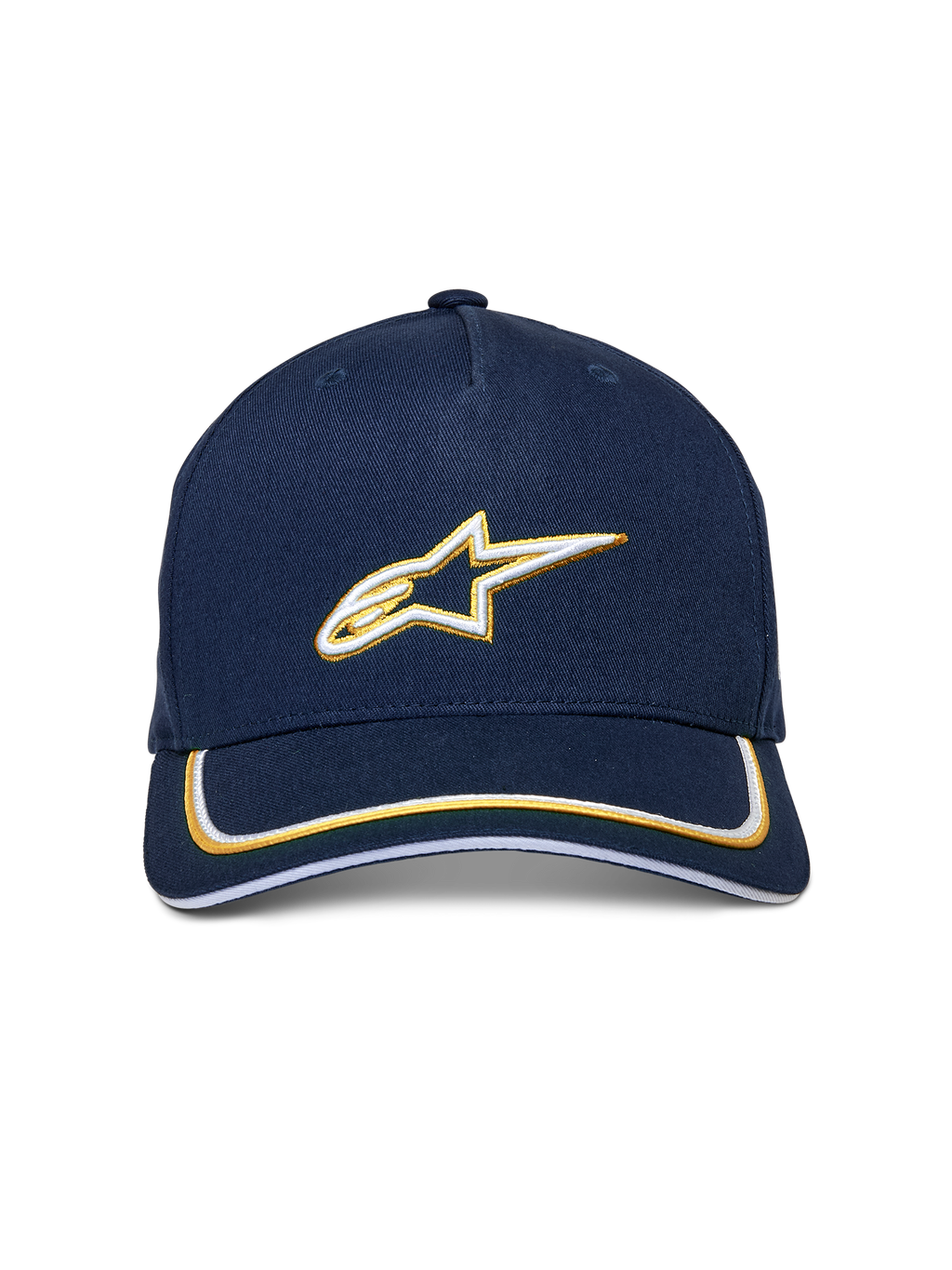 Alpinestars Ascension Snapback-kasket, navy og guld, 3D-broderet hvidt og guld Astars-logo, buet skygge med dobbelt sutache-kant, afslappet motorsport-inspireret hovedbeklædning