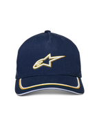 Alpinestars Ascension Snapback-kasket, navy og guld, 3D-broderet hvidt og guld Astars-logo, buet skygge med dobbelt sutache-kant, afslappet motorsport-inspireret hovedbeklædning