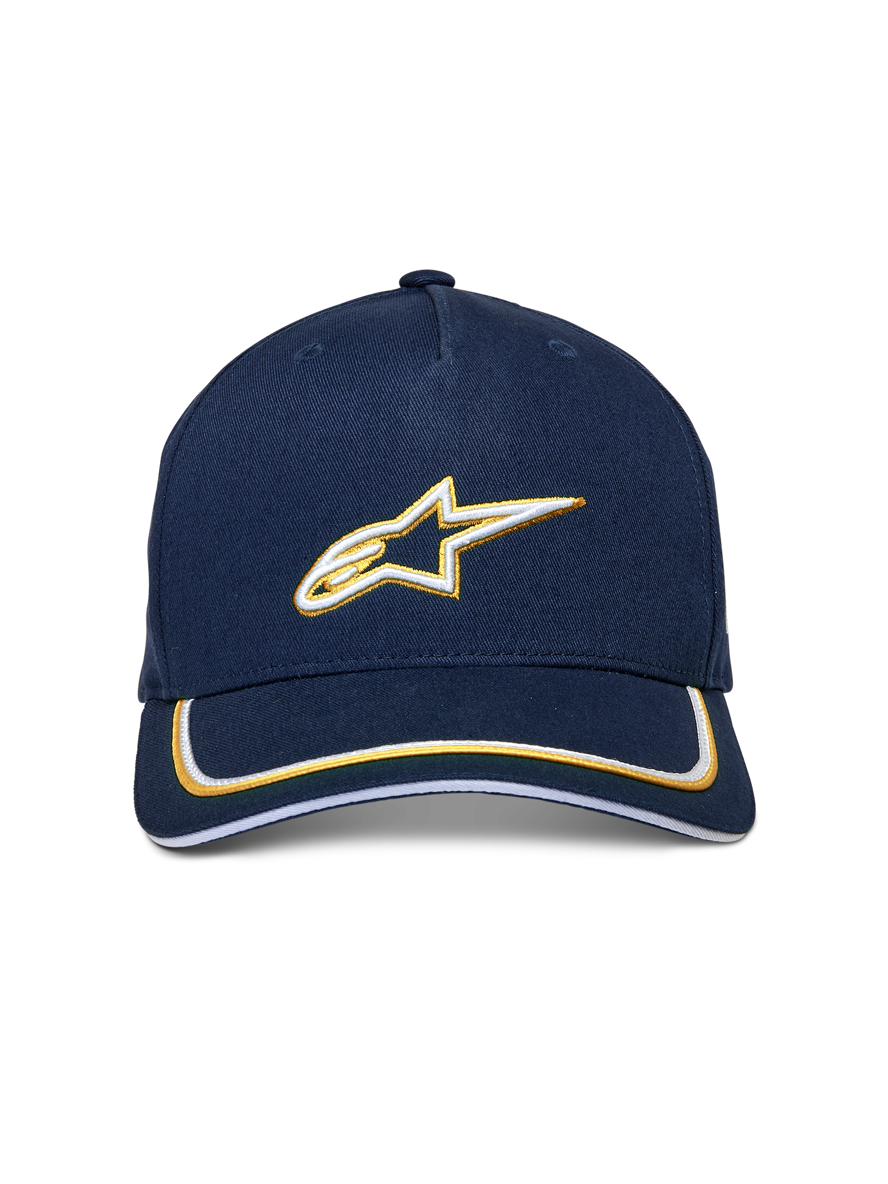 Alpinestars Ascension Snapback-kasket, navy og guld, 3D-broderet hvidt og guld Astars-logo, buet skygge med dobbelt sutache-kant, afslappet motorsport-inspireret hovedbeklædning