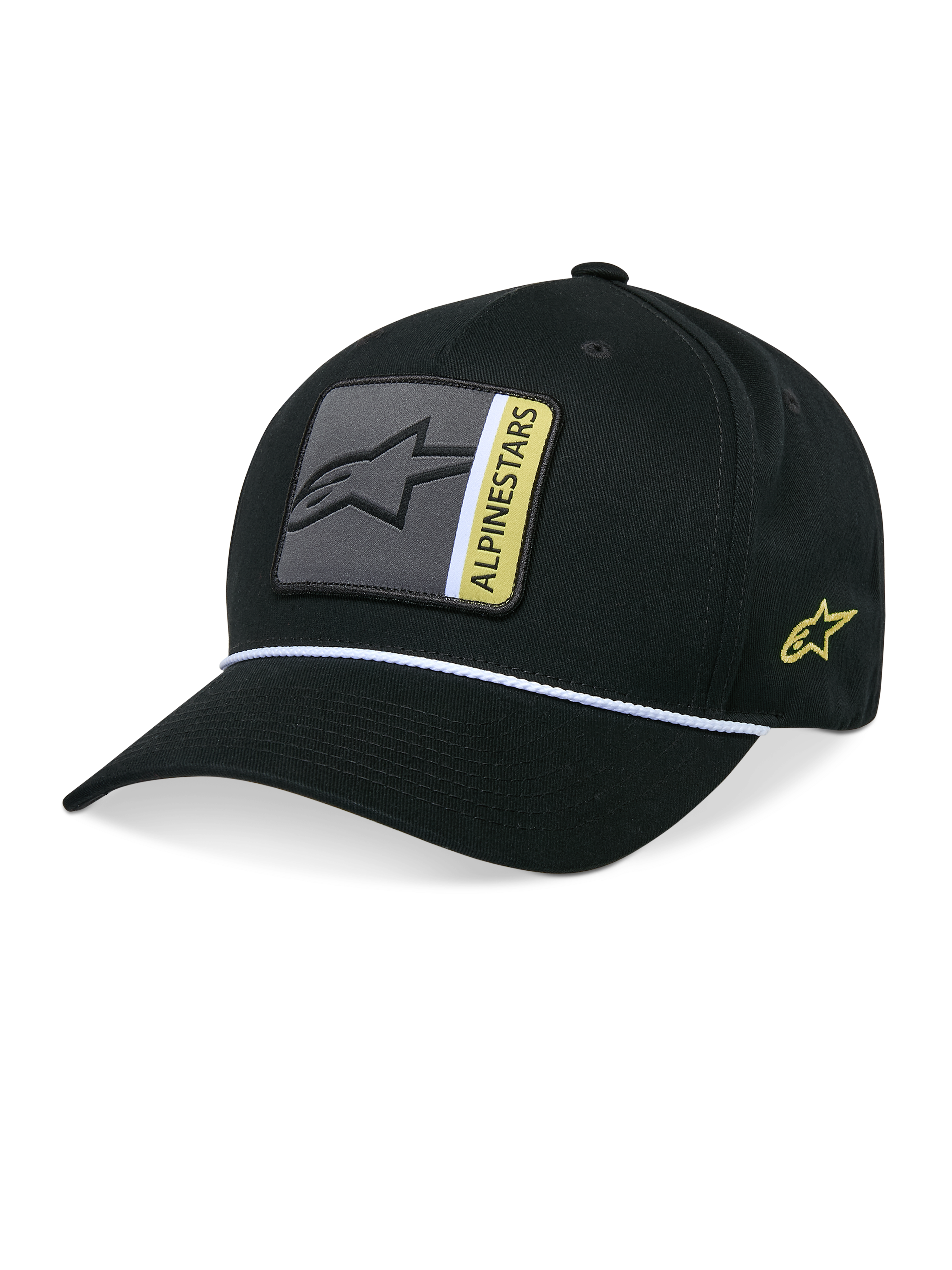 Alpinestars Specific Snapback Hat, sort kasket med buet skygge, hvid flettet rebkant, gråt og gult logomærke foran, gult logobroderi på siden, struktureret krone, motorsport-inspireret design