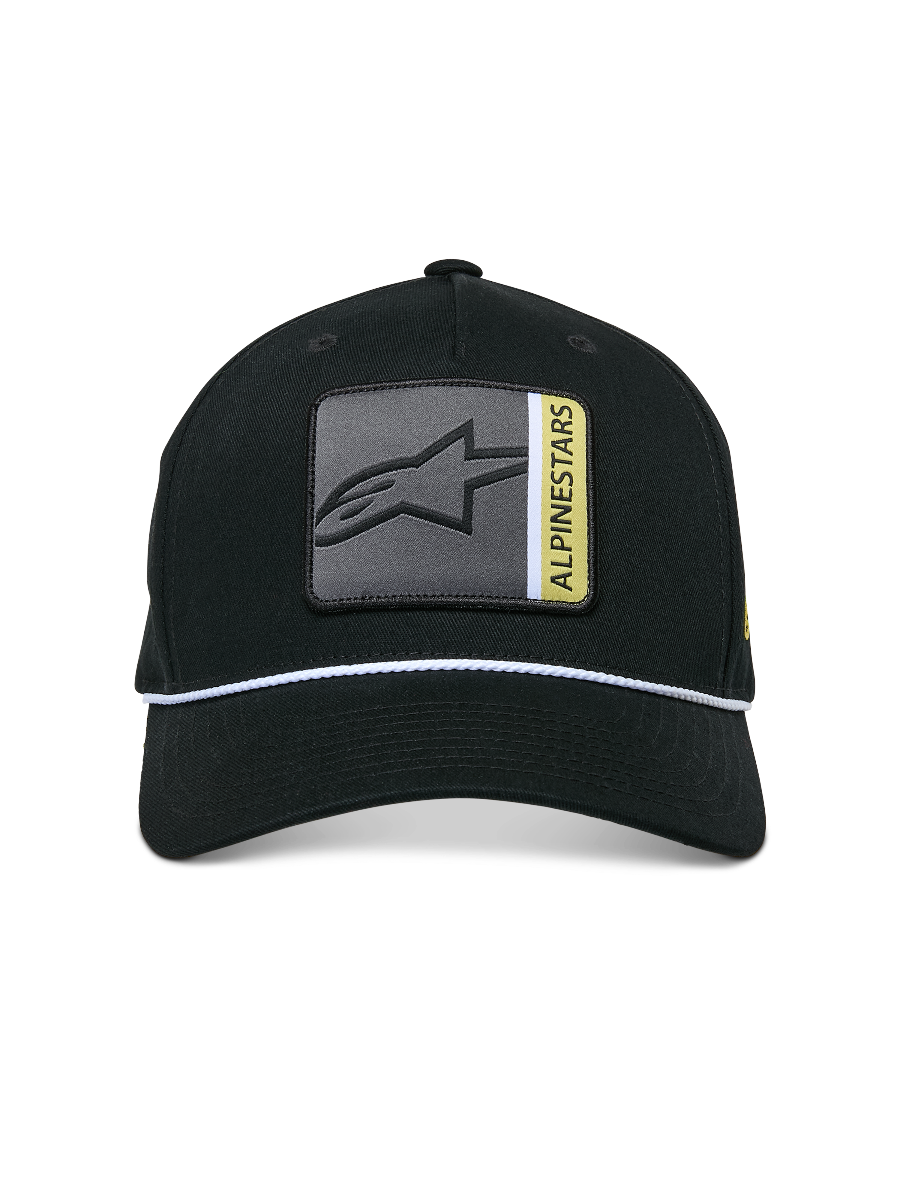 Alpinestars Specific Snapback Hat, Black, front multi-color Astars logo patch with grey and yellow details, white braided rope trim, curved bill, structured crown, casual streetwear