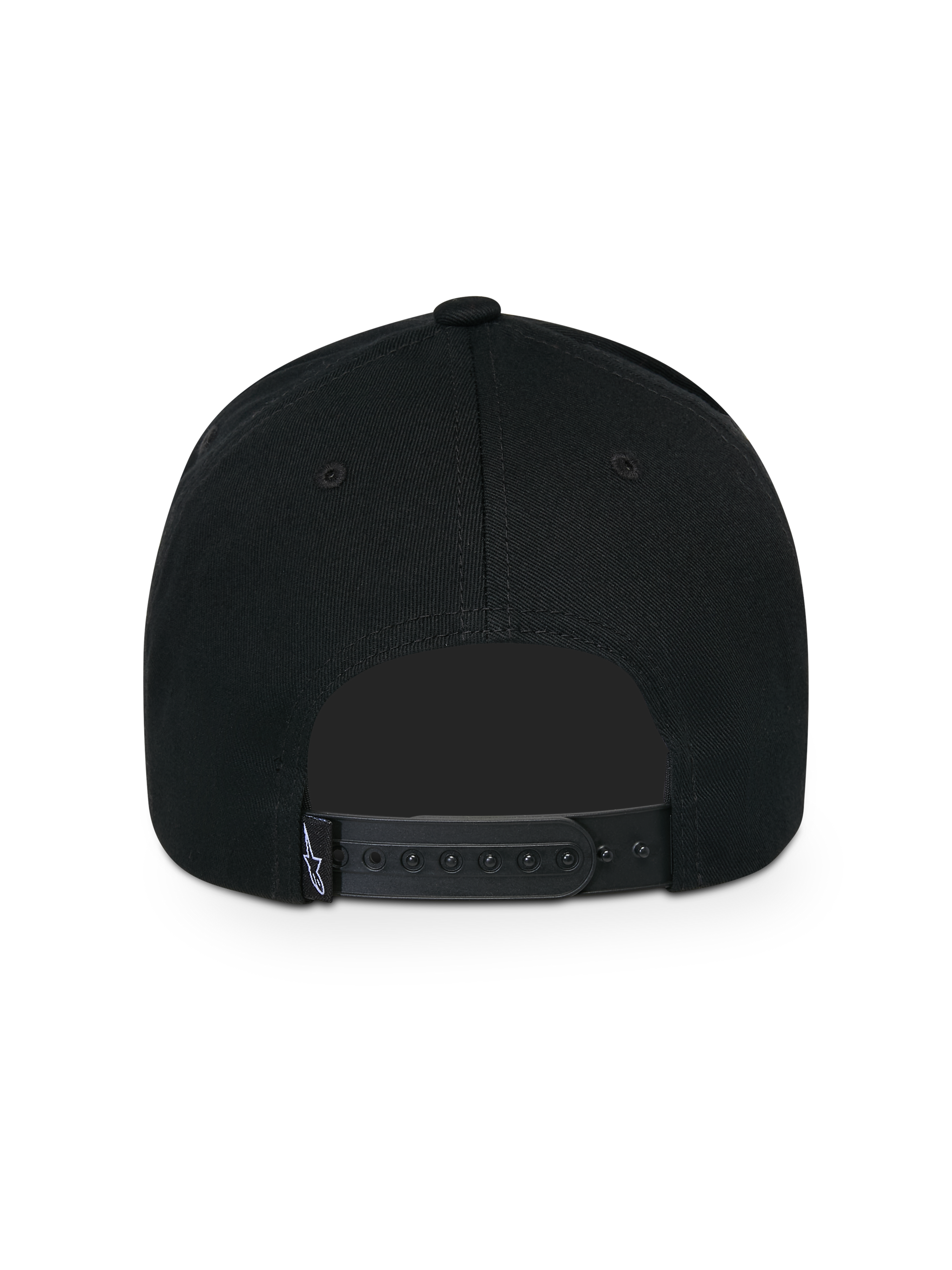 Alpinestars Ageless Snapback Hat, back view, black, featuring an adjustable snapback closure and a small woven label with a white star logo, casual motorsport-inspired headwear