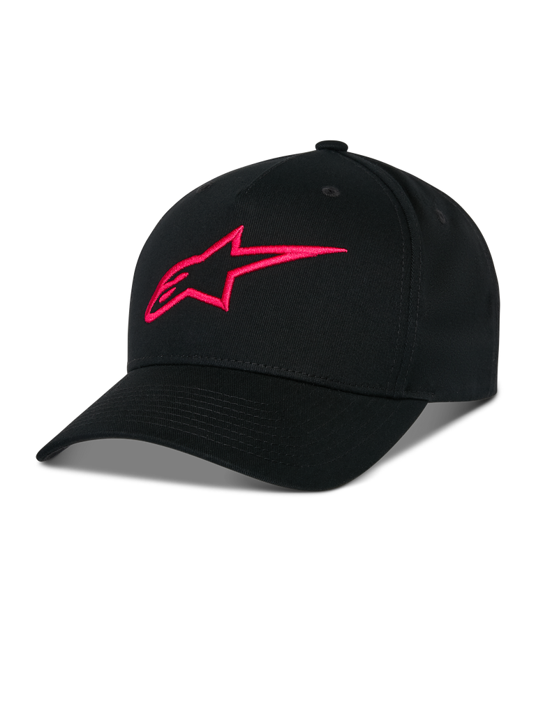 Alpinestars Ageless Snapback kasket, sort med rødt 3D-broderet A-star-logo, struktureret krone med buet skygge, bomuldstwill, afslappet sportswear-tilbehør